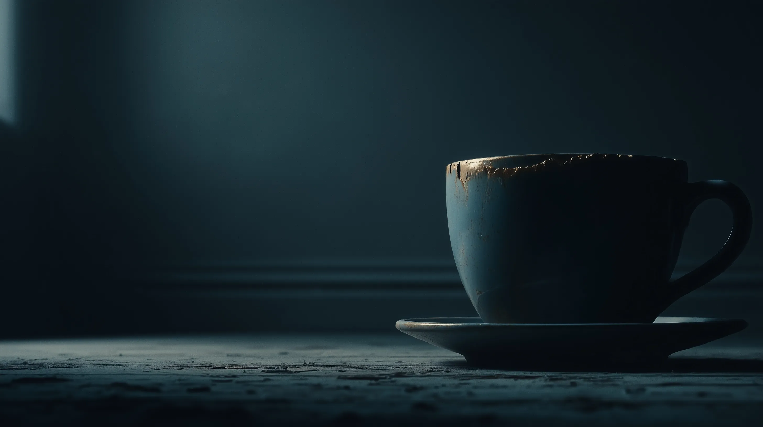 A simple ceramic coffee cup with a chipped rim isolated on a clean, minimal white surface.