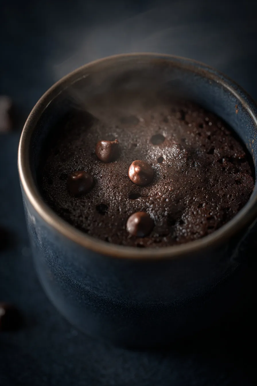 Overhead view of a steaming vegan chocolate mug cake in a dark ceramic mug with melted chocolate chips.