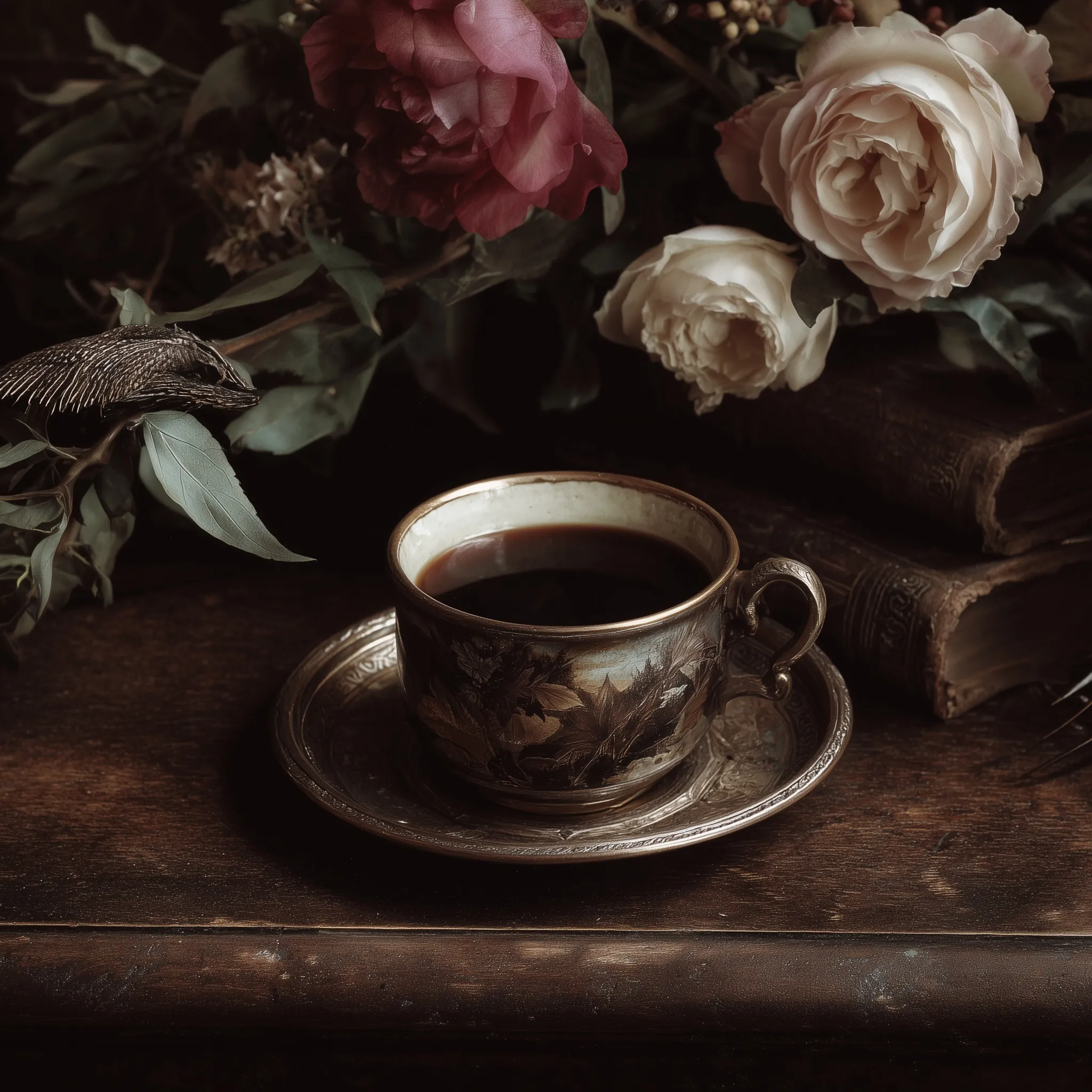 A rustic coffee cup sitting on a wooden table in a moody Southern Gothic setting with atmospheric lighting.