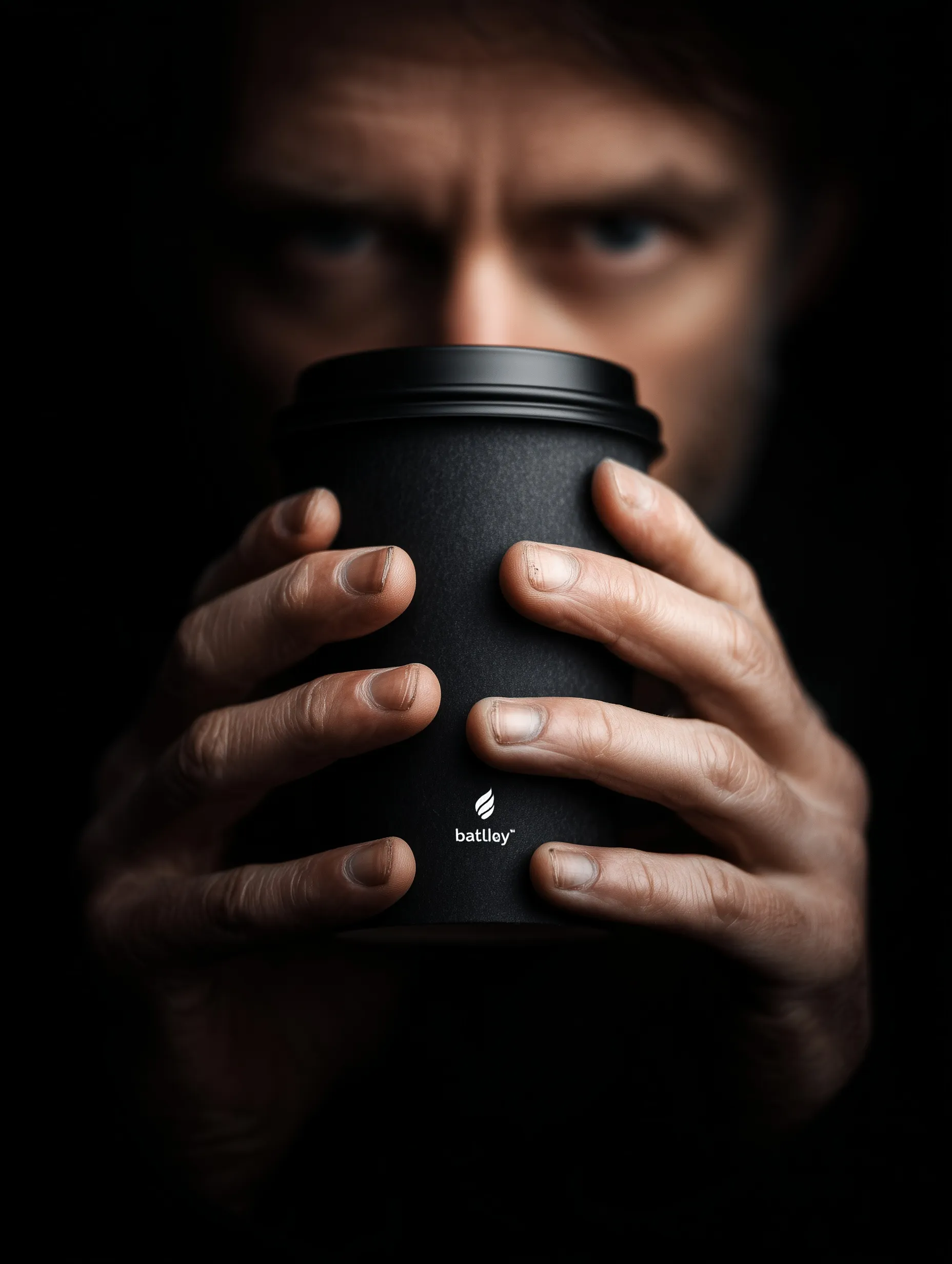 A moody cinematic shot of a man in shadows holding a black takeaway coffee cup with a prominent white logo.