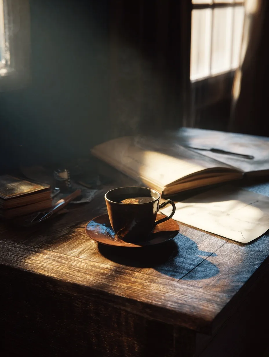 A steaming cup of fresh coffee placed on a clean wooden desk, perfect for morning workspace or office lifestyle.