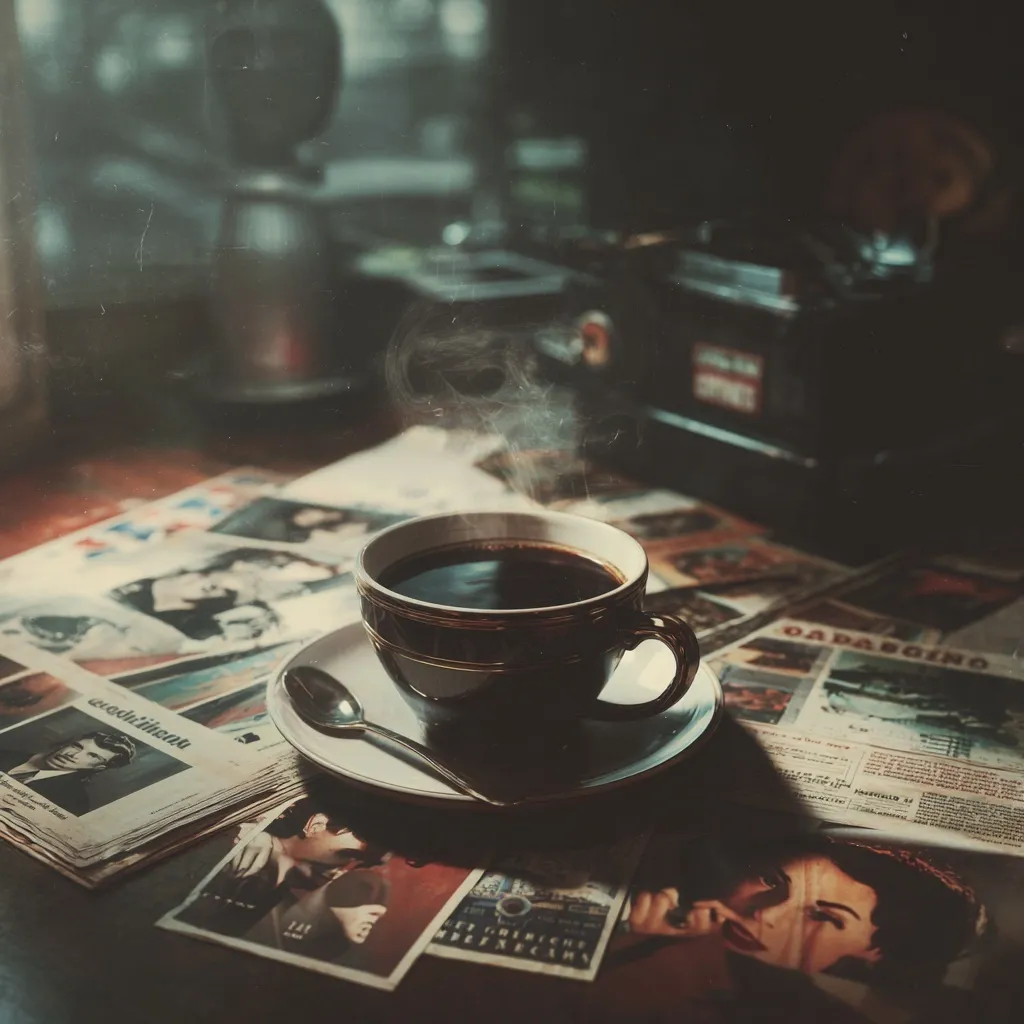 A cinematic close-up of a steaming cup of coffee with warm lighting and soft bokeh background.