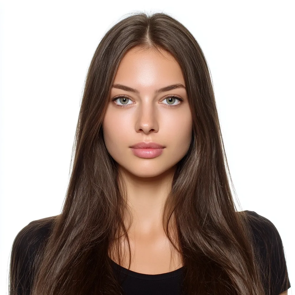 A 23-year-old Ukrainian woman with simple straight hair posing for a professional passport photo, white background.