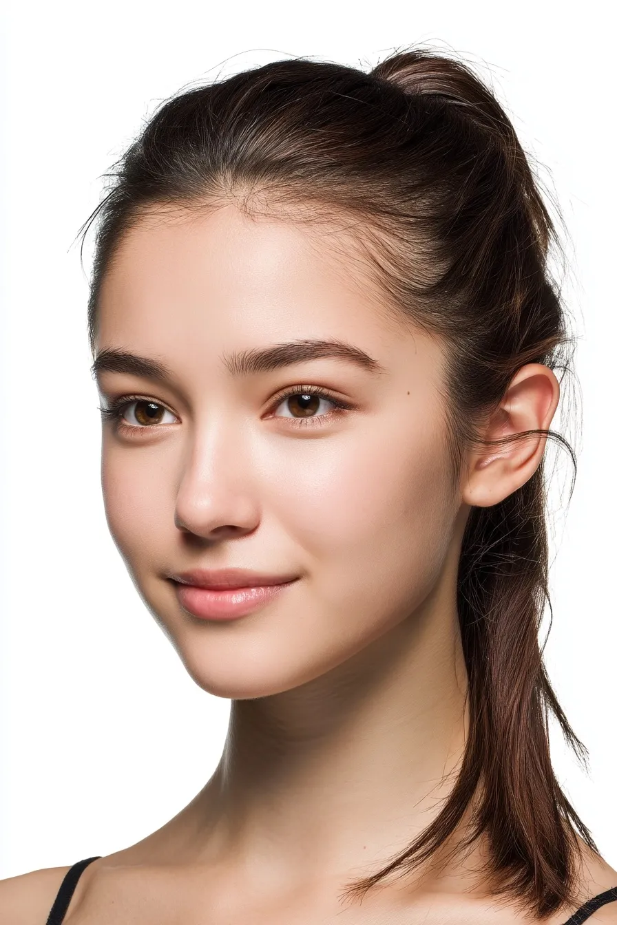 Portrait of a young Eurasian woman with a neat, fashionable brown-black ponytail hairstyle against a white background.