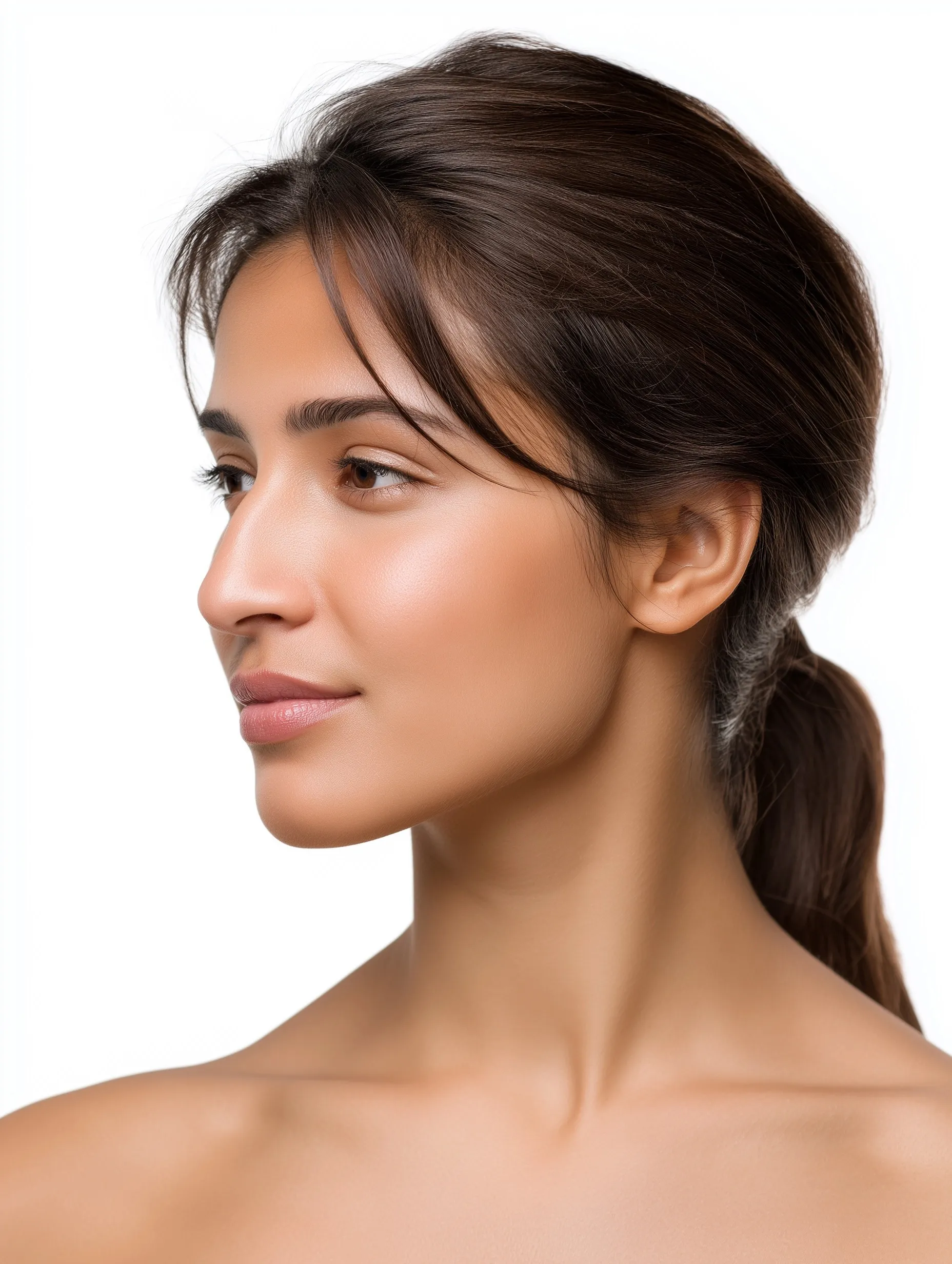 A realistic studio portrait of an Indian college girl with a simple ponytail hairstyle against a white background.