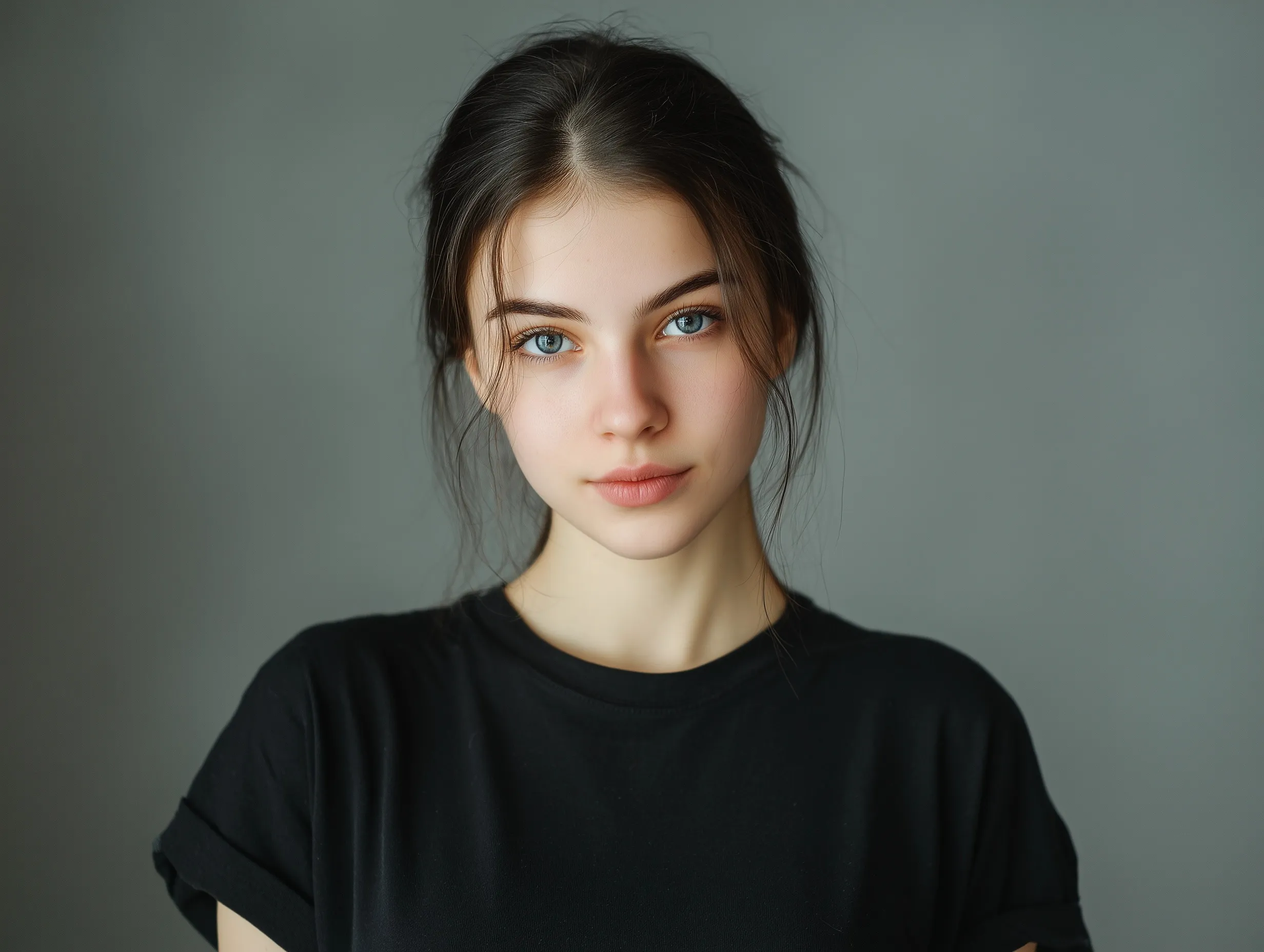 A half-body portrait of a young Russian girl with a simple, neatly combed-back college hairstyle, wearing a black top.