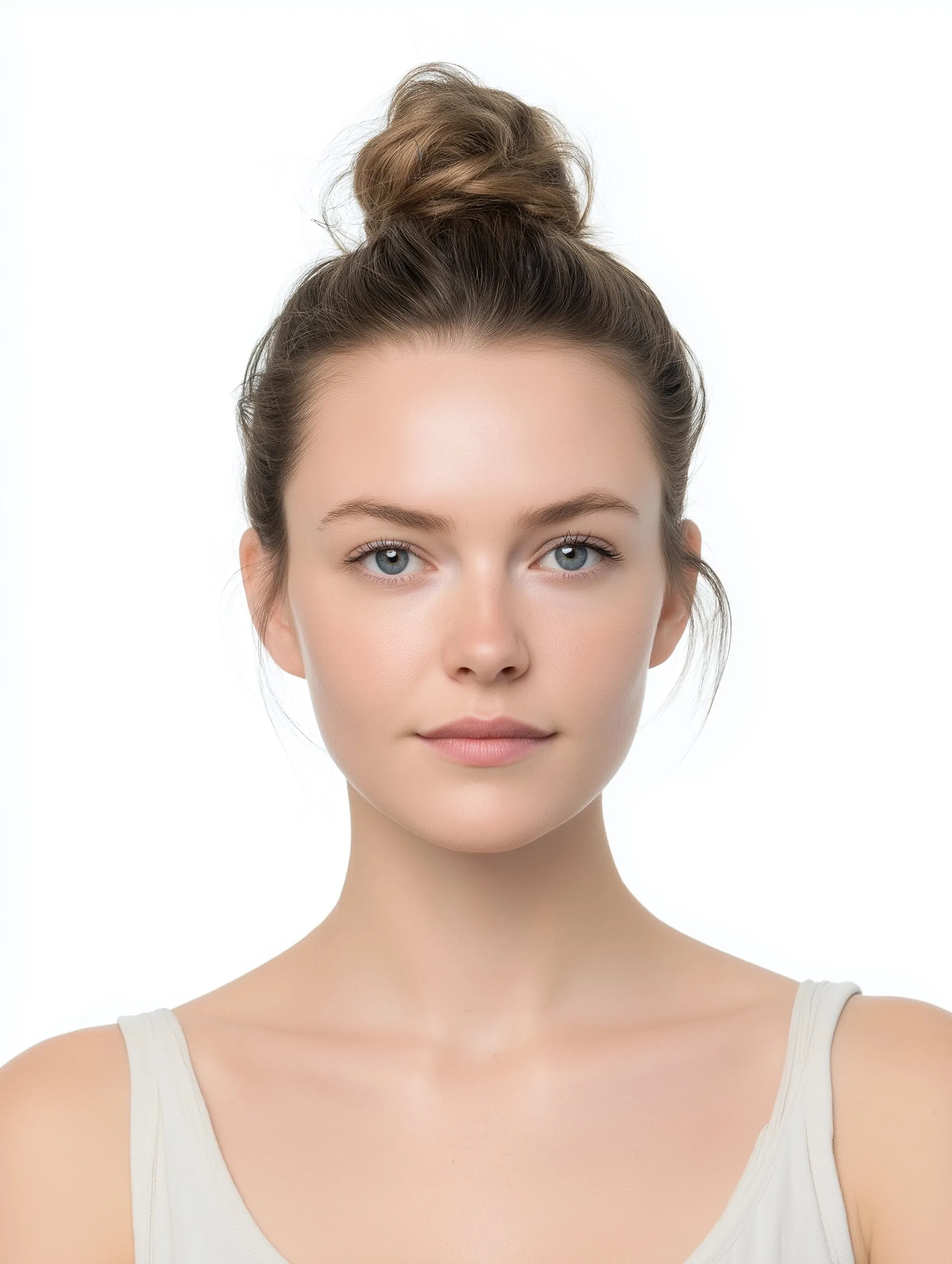 A cinematic half-body portrait of a woman with a simple top bun hairstyle, featuring symmetrical facial features.