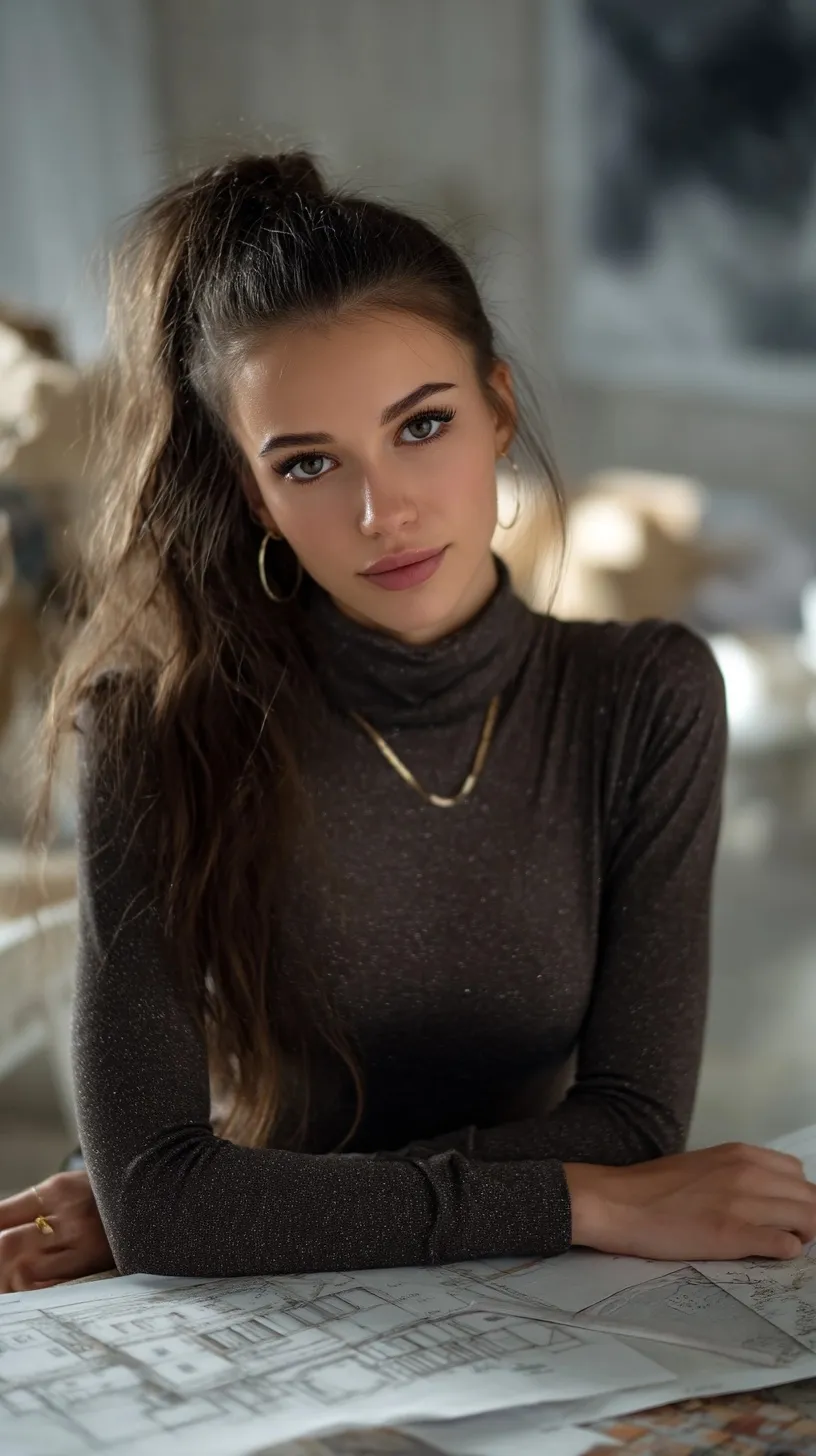 A stylish brunette girl with a simple high ponytail sits at a desk designing a house blueprint.