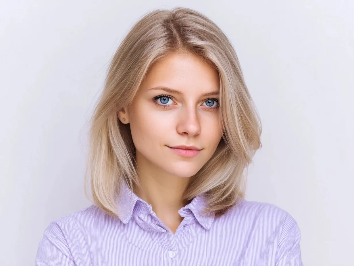 A young woman with shoulder-length blonde hair and a simple hairstyle posing against a clean white background.