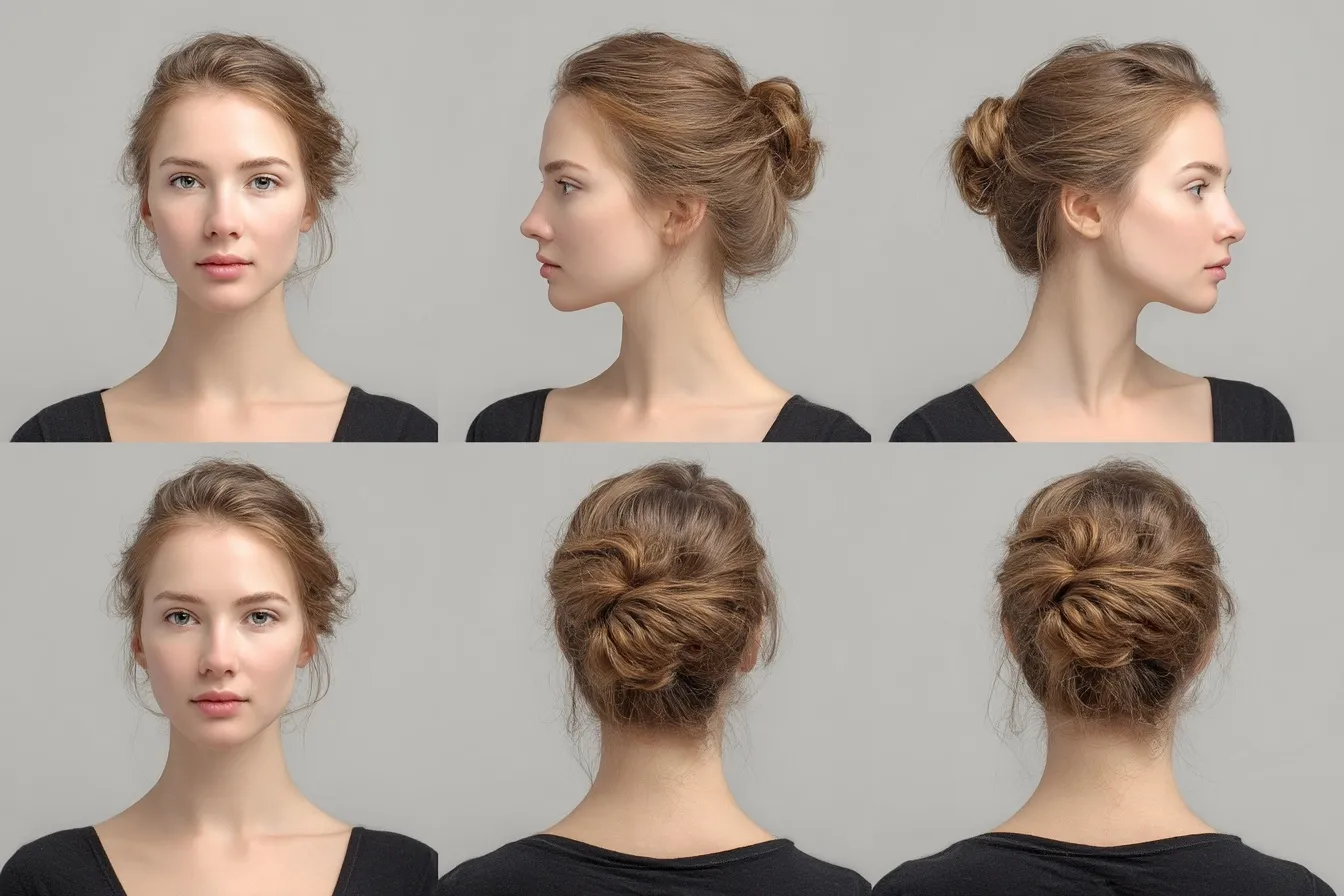 A professional portrait grid showing a woman's simple college hairstyle from front, side, and back angles.