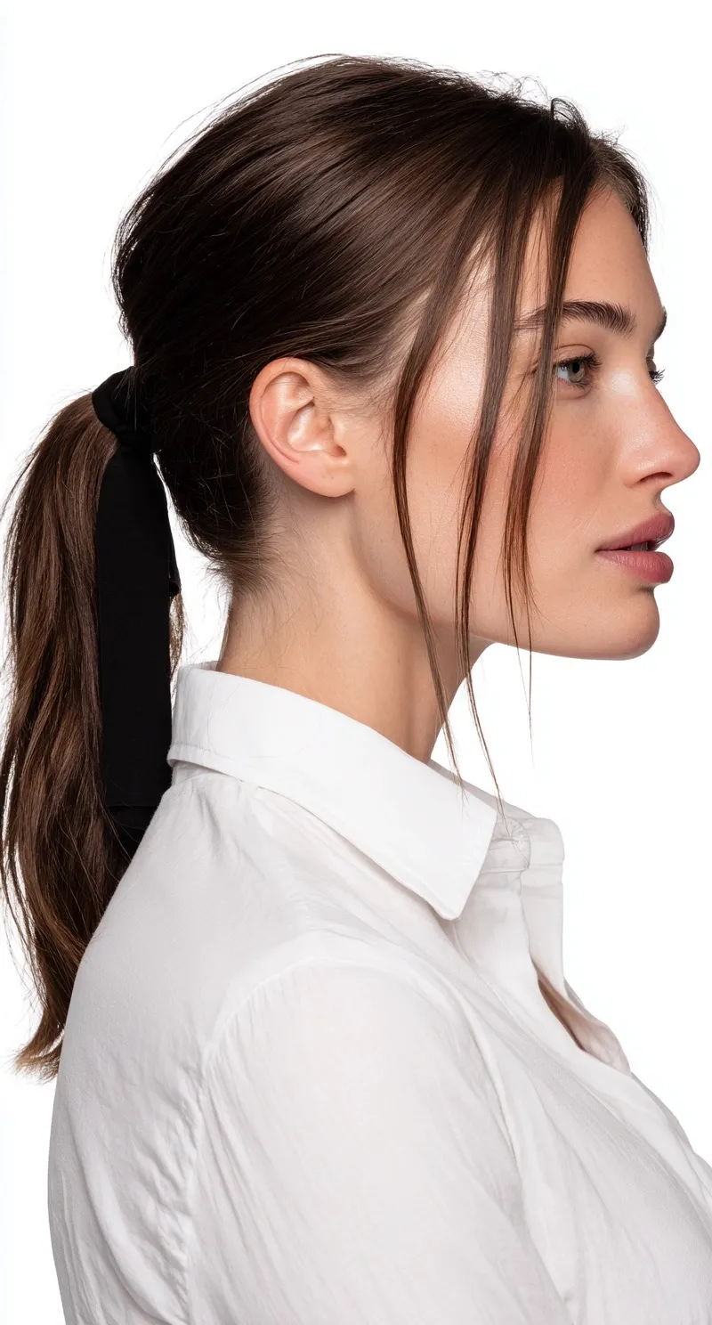 A young woman with dark brown hair in a simple ponytail, shown in profile against a clean white background.