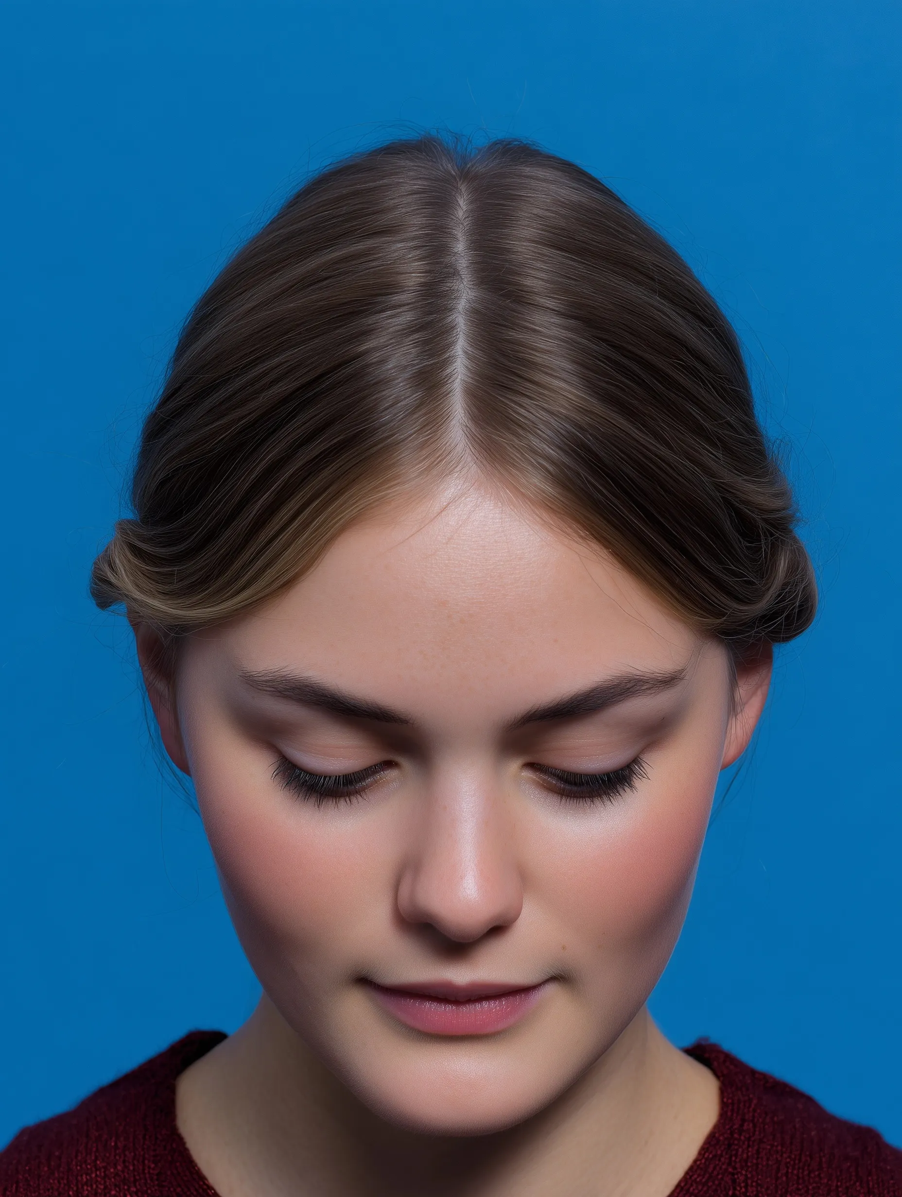 Close-up of a young woman’s healthy hair parting, simple college hairstyle on a clean blue background.
