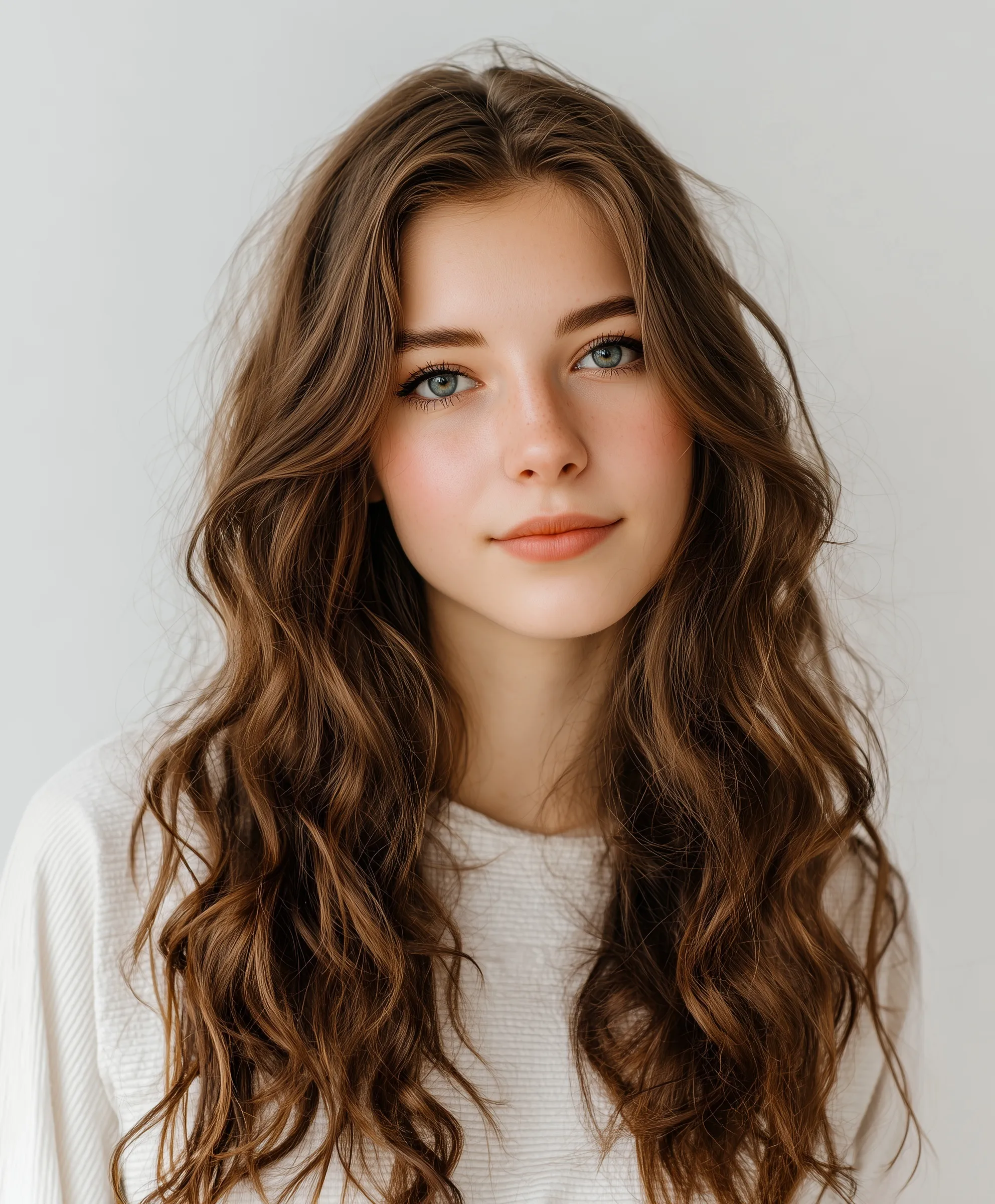 A beautiful young woman with an elegant wavy hairstyle, soft makeup, and a confident smile on a plain background.