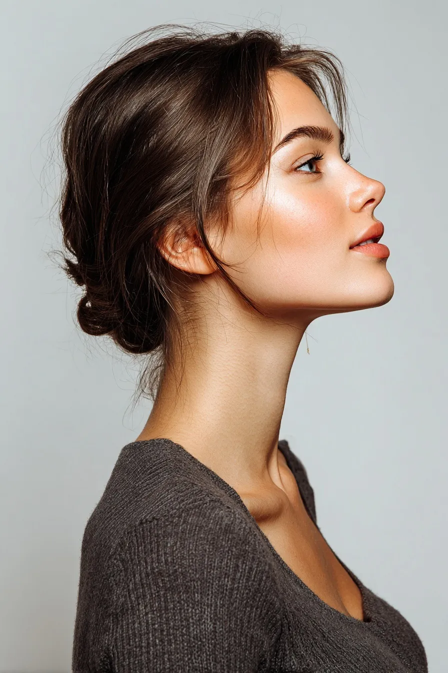 A beautiful woman with a simple college hairstyle in profile, looking forward against a light background.