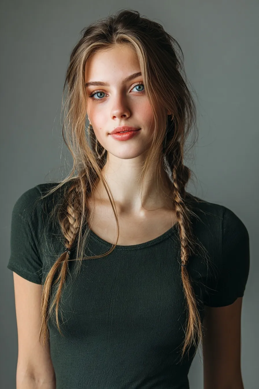A smiling 20-year-old woman with braided brown hair wearing a simple green dress against a gray studio background.
