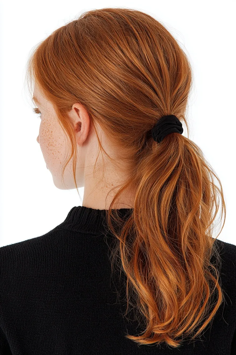 Rear view close-up of a girl with red hair tied in a simple ponytail with a black elastic band on a white background.