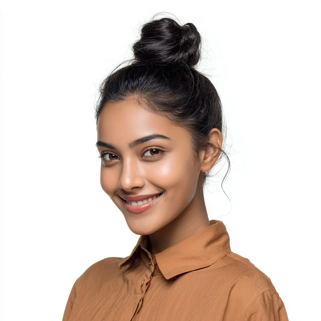 Smiling Indian woman with a simple bun hairstyle and natural makeup against a clean white background.