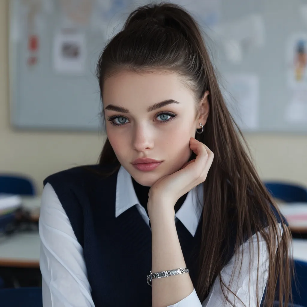A girl with a high ponytail and school uniform sitting in a classroom, featuring simple college hairstyle.