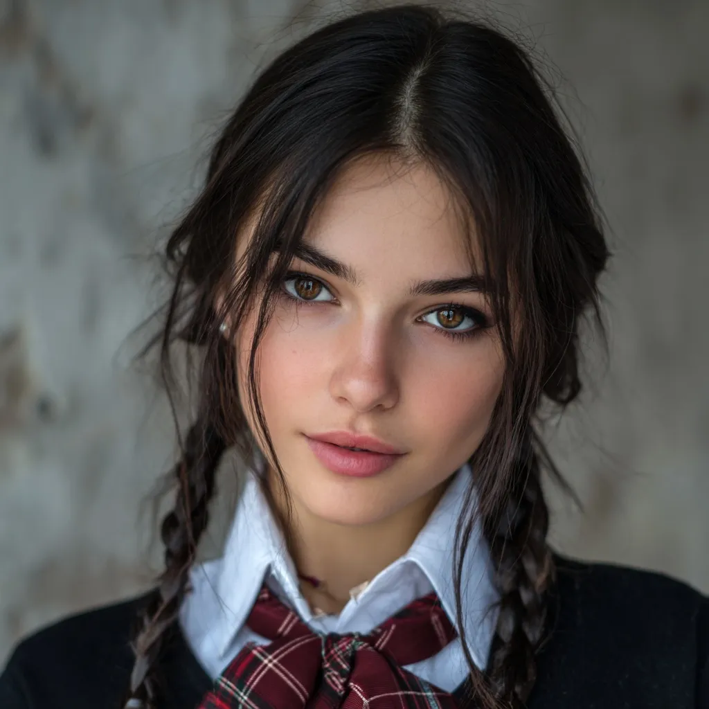 A beautiful 20-year-old Russian student with a simple dark hairstyle and brown eyes wearing a school uniform.