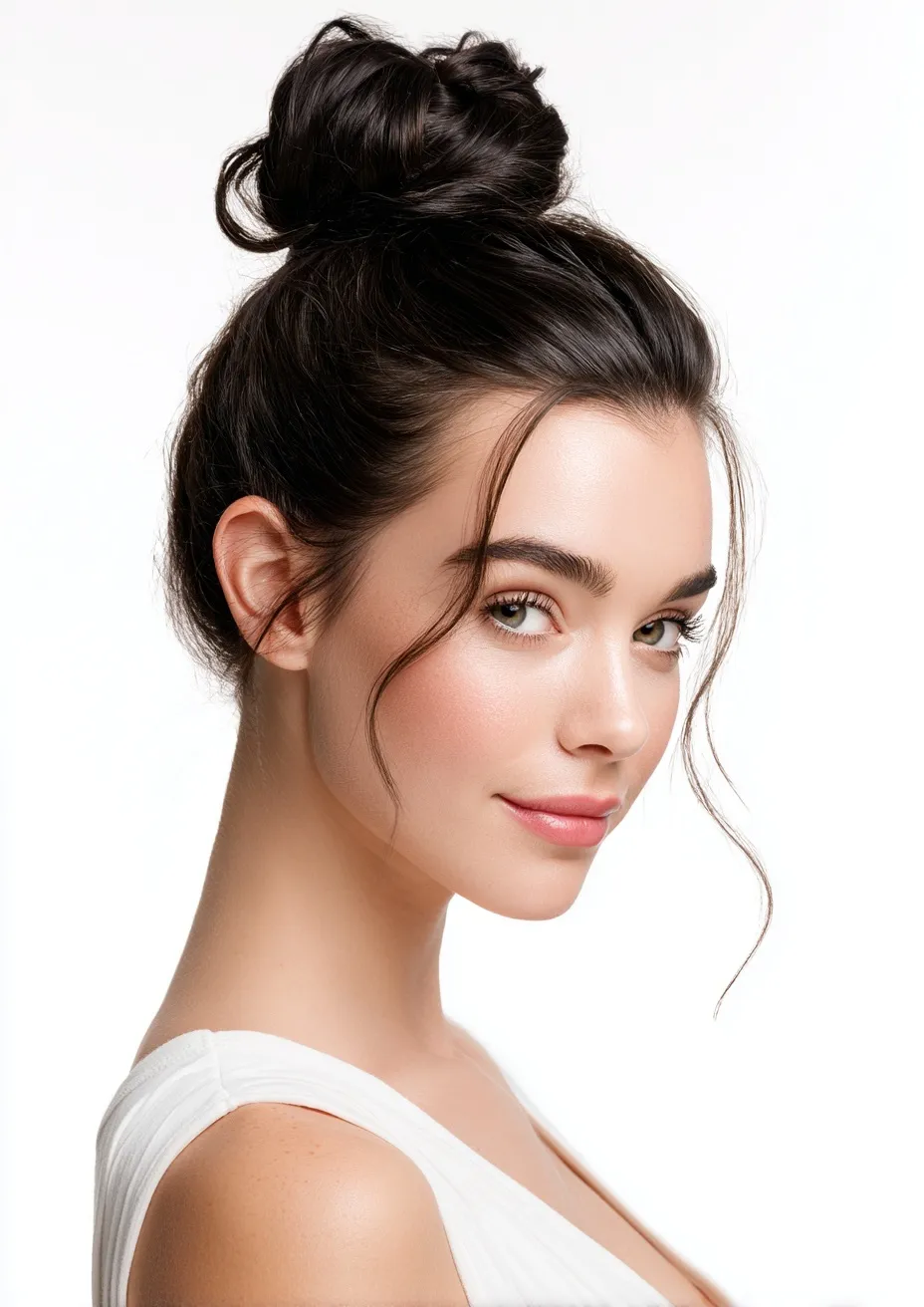 European model with a simple black top knot hairstyle against a clean white background.