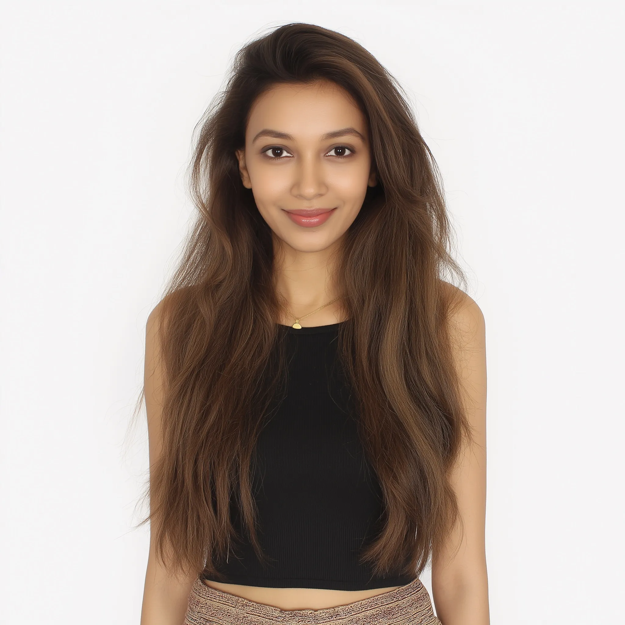 A realistic portrait of a beautiful Indian college girl with a simple hairstyle representing an AI chatbot assistant.