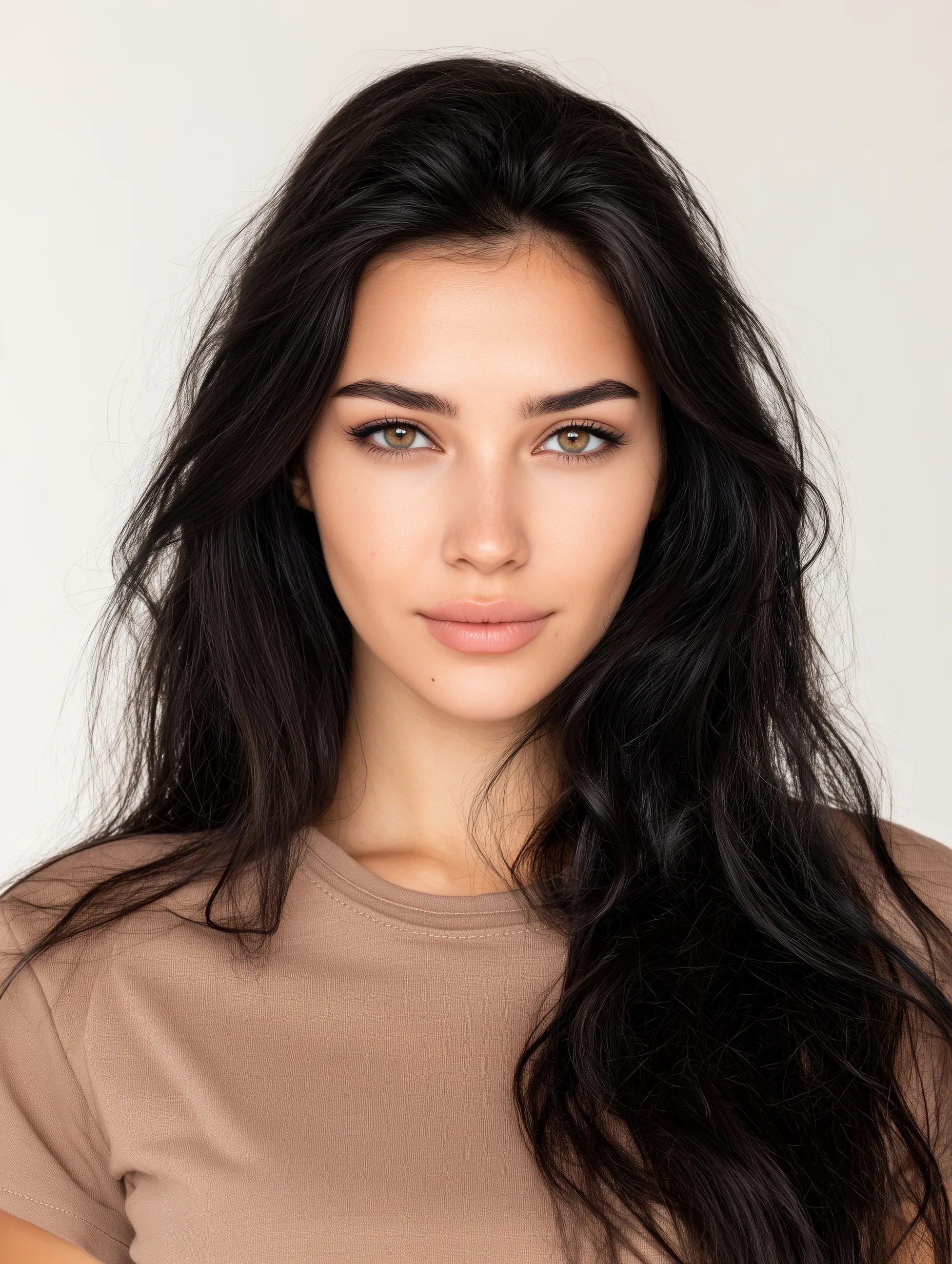 A beautiful young woman with long black hair and a simple college hairstyle looking at the camera, white background.
