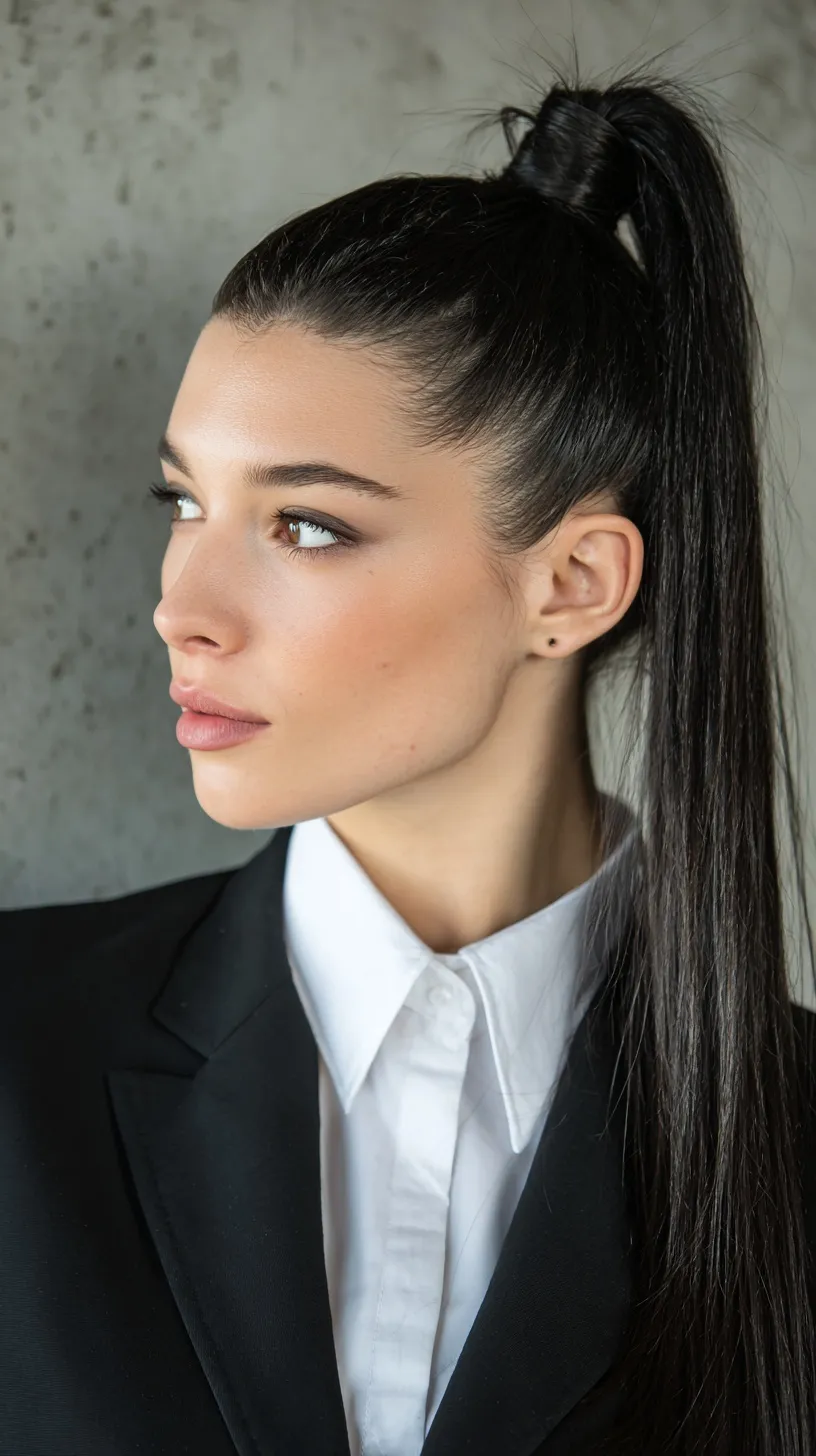 A professional young woman with a sleek high ponytail, wearing a black suit and white shirt for a business headshot.
