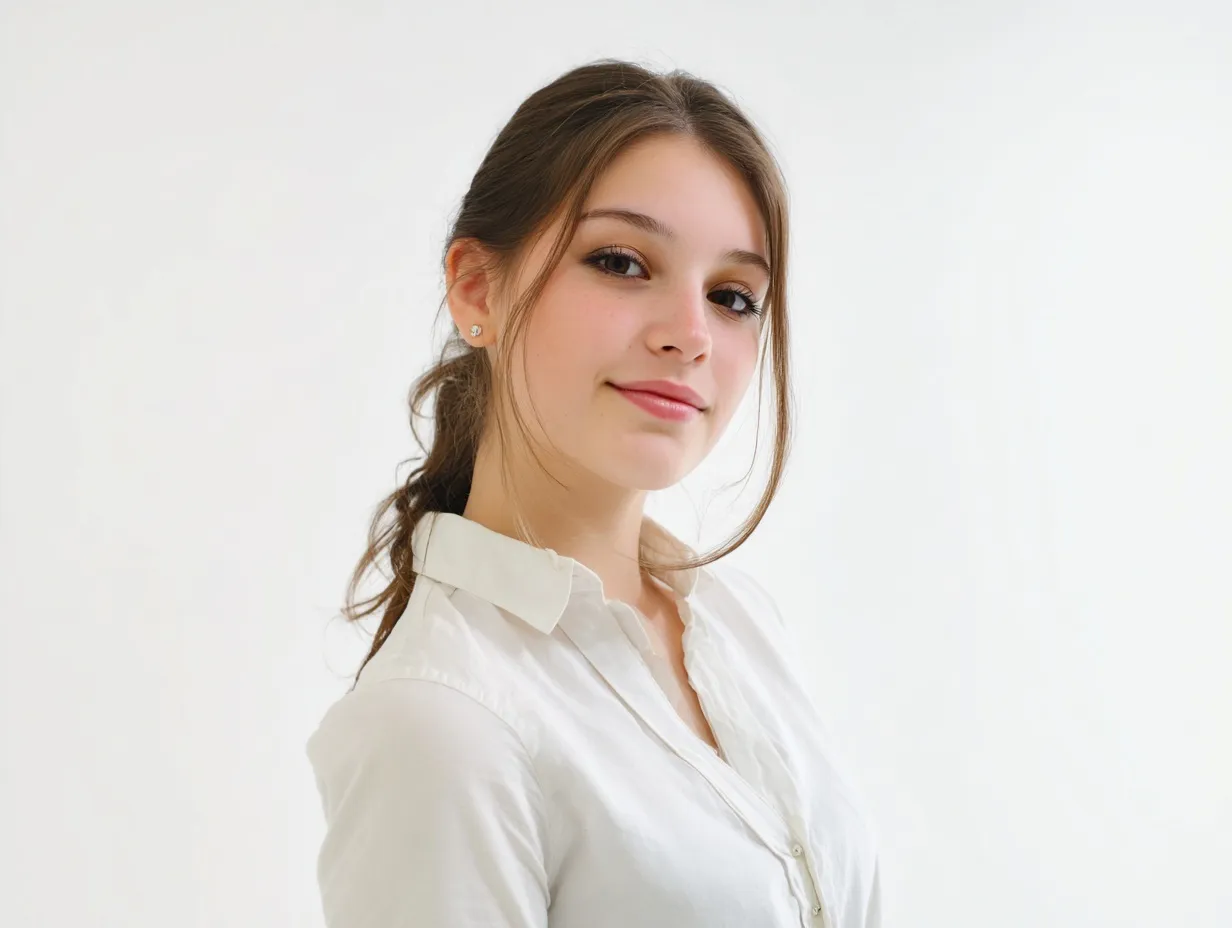 A young female college student with a simple hairstyle posing against a clean white background.