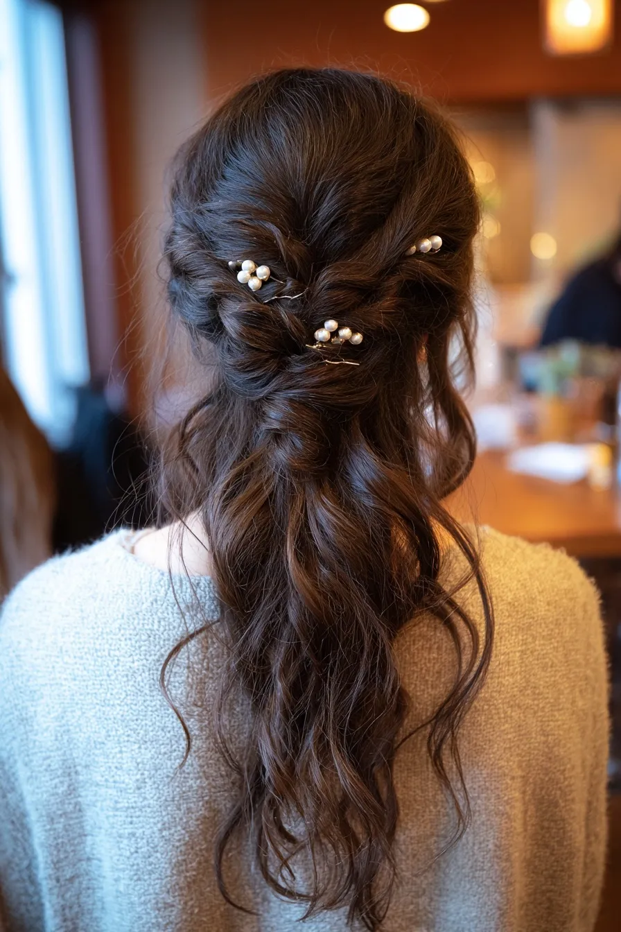 Back view of a pregnant woman with an intricate twisted half-up hairstyle featuring pearl clips at a baby shower.