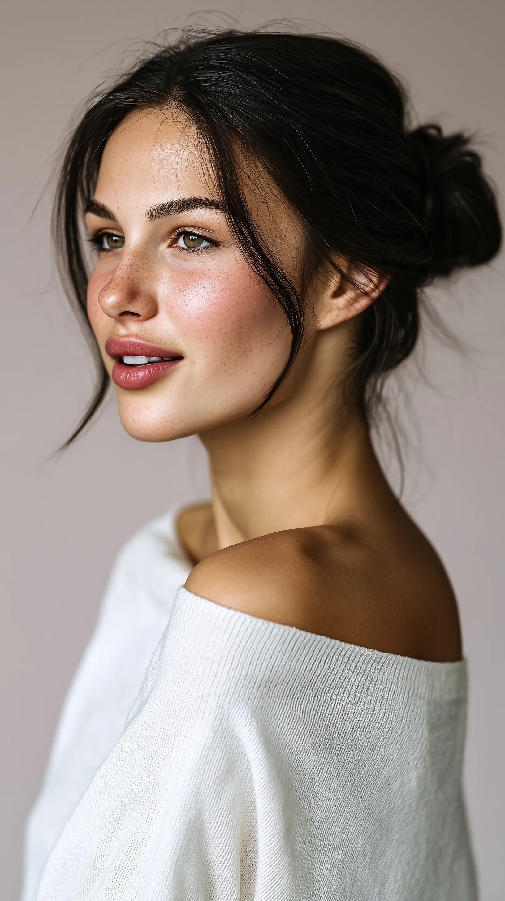 Elegant woman with a simple low bun hairstyle, side profile view, wearing an off-shoulder top against a neutral wall.
