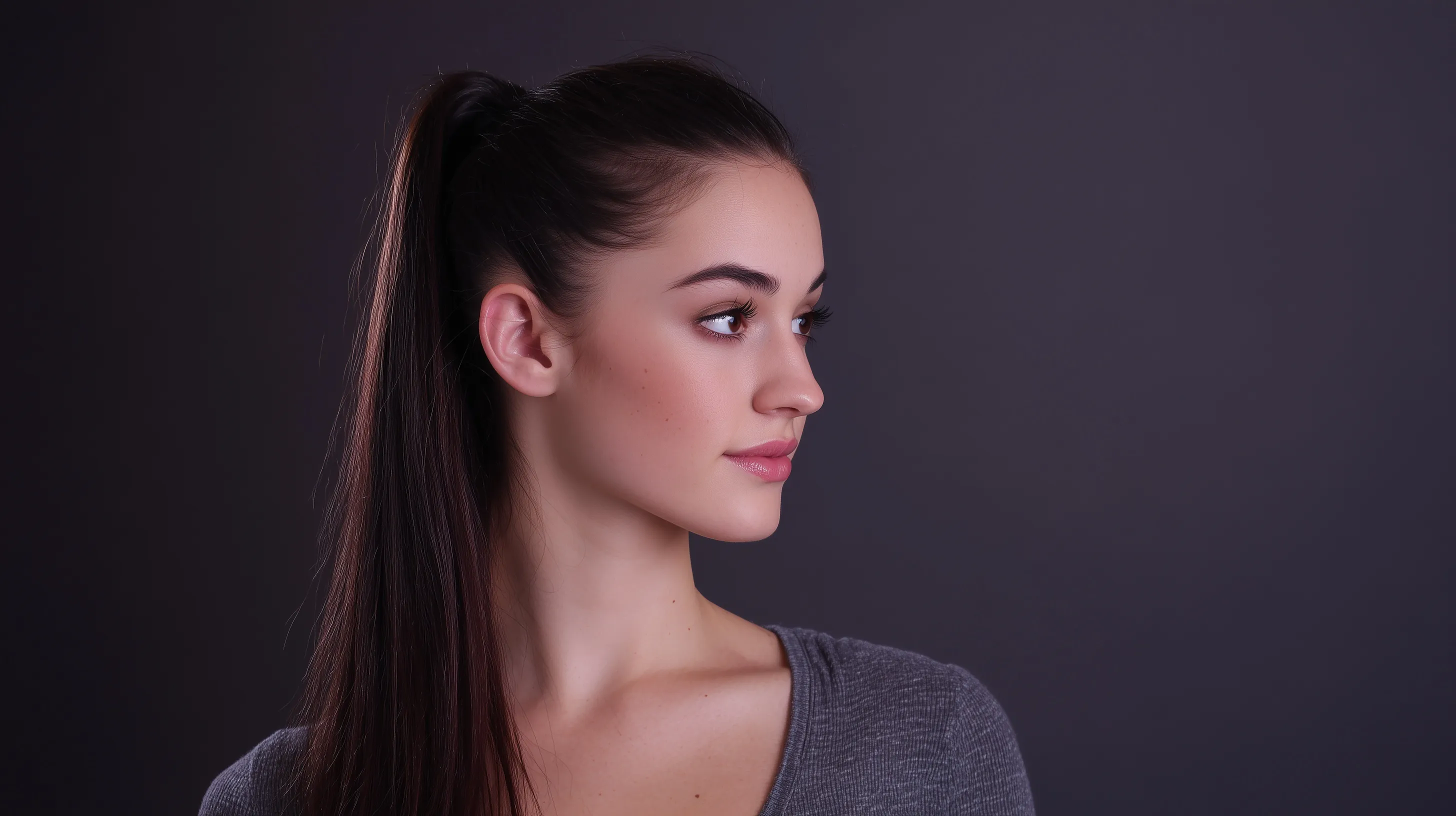 A 21-year-old woman with a simple long ponytail hairstyle, captured in a clean professional headshot.