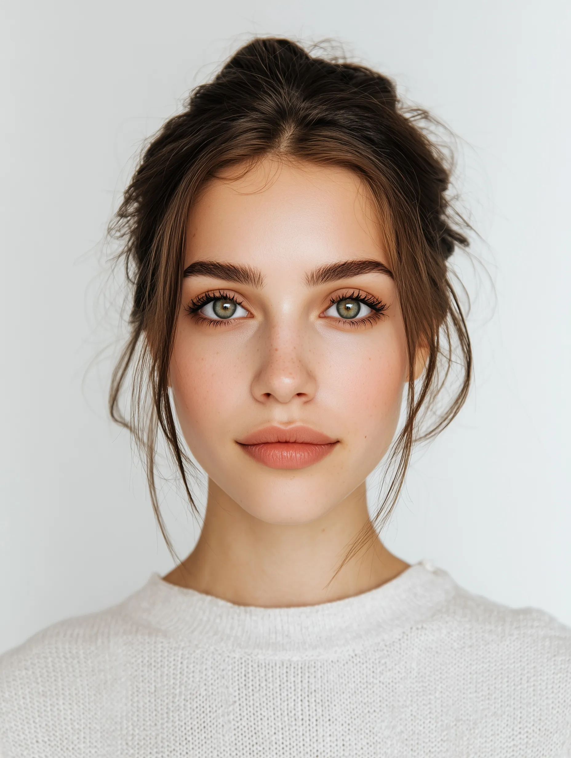 A young woman with a simple brunette college hairstyle, green eyes, and thick eyebrows against a white background.