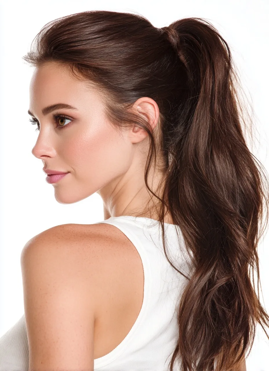 A beautiful woman with a simple high ponytail hairstyle wearing a white top against a clean white background.