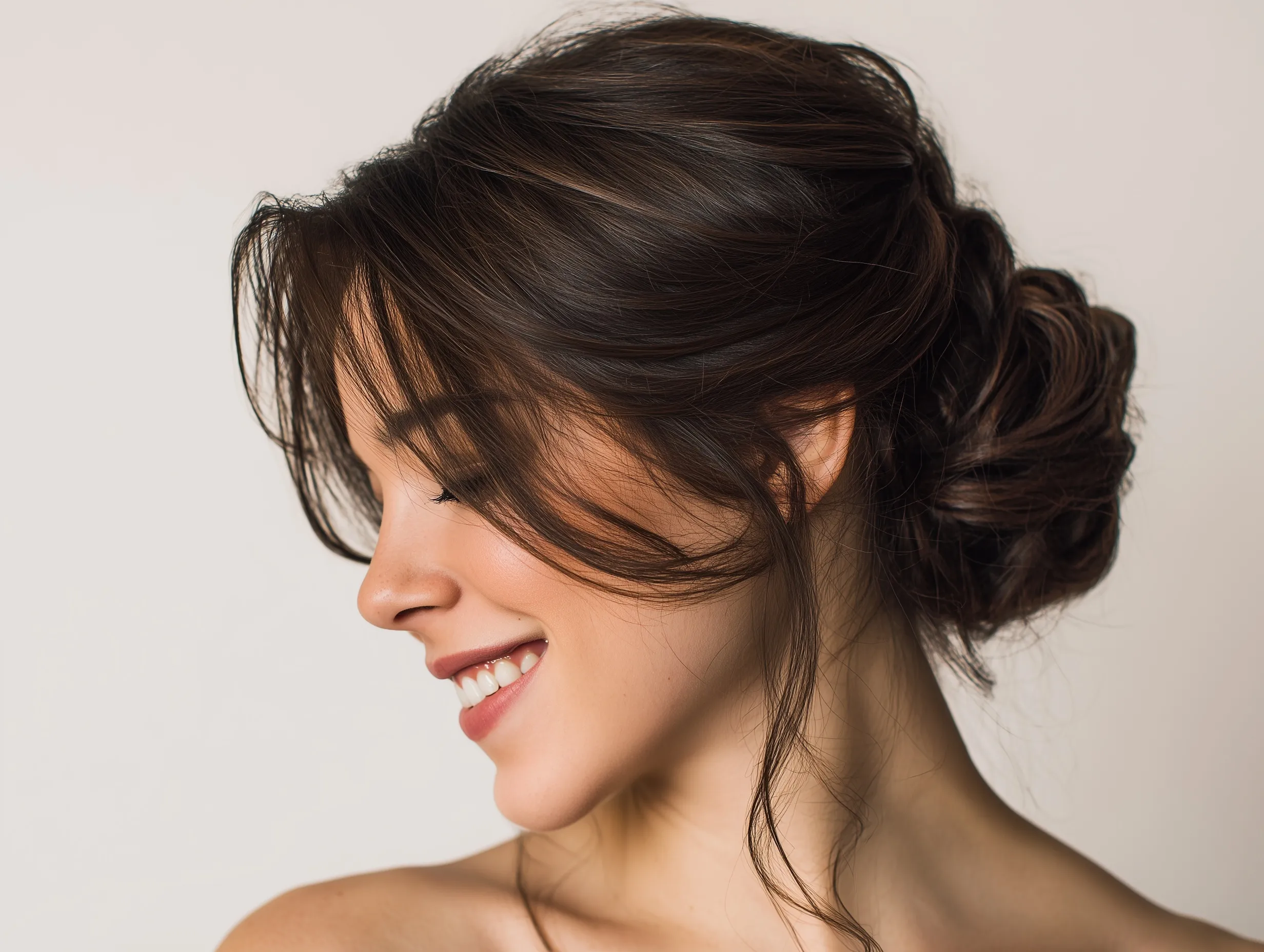 A smiling young woman with healthy brown hair creating a simple, elegant up-do hairstyle for a party.