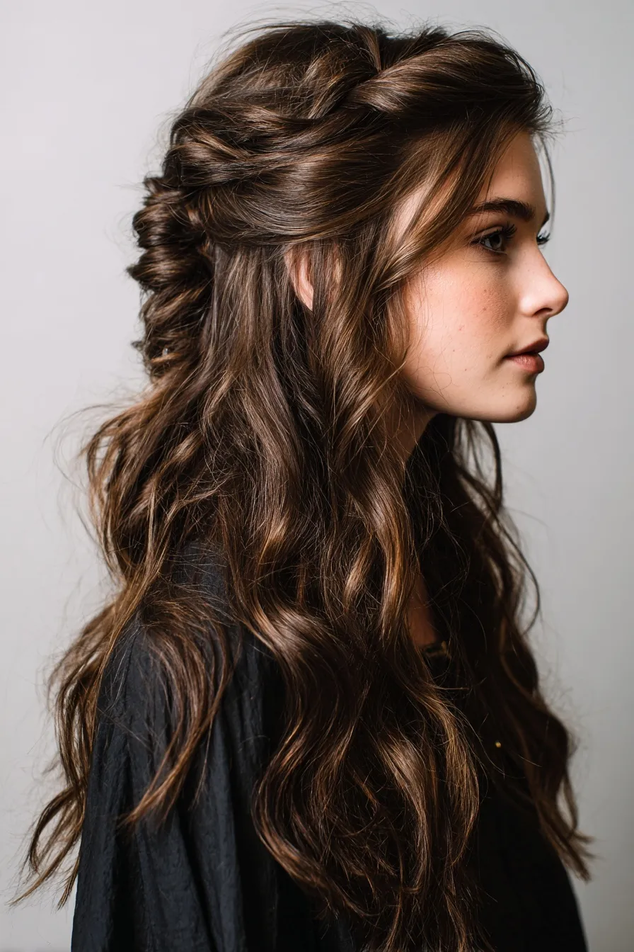 A simple college hairstyle featuring a twisted half-up rope braid with soft volume for a clean salon beauty aesthetic.