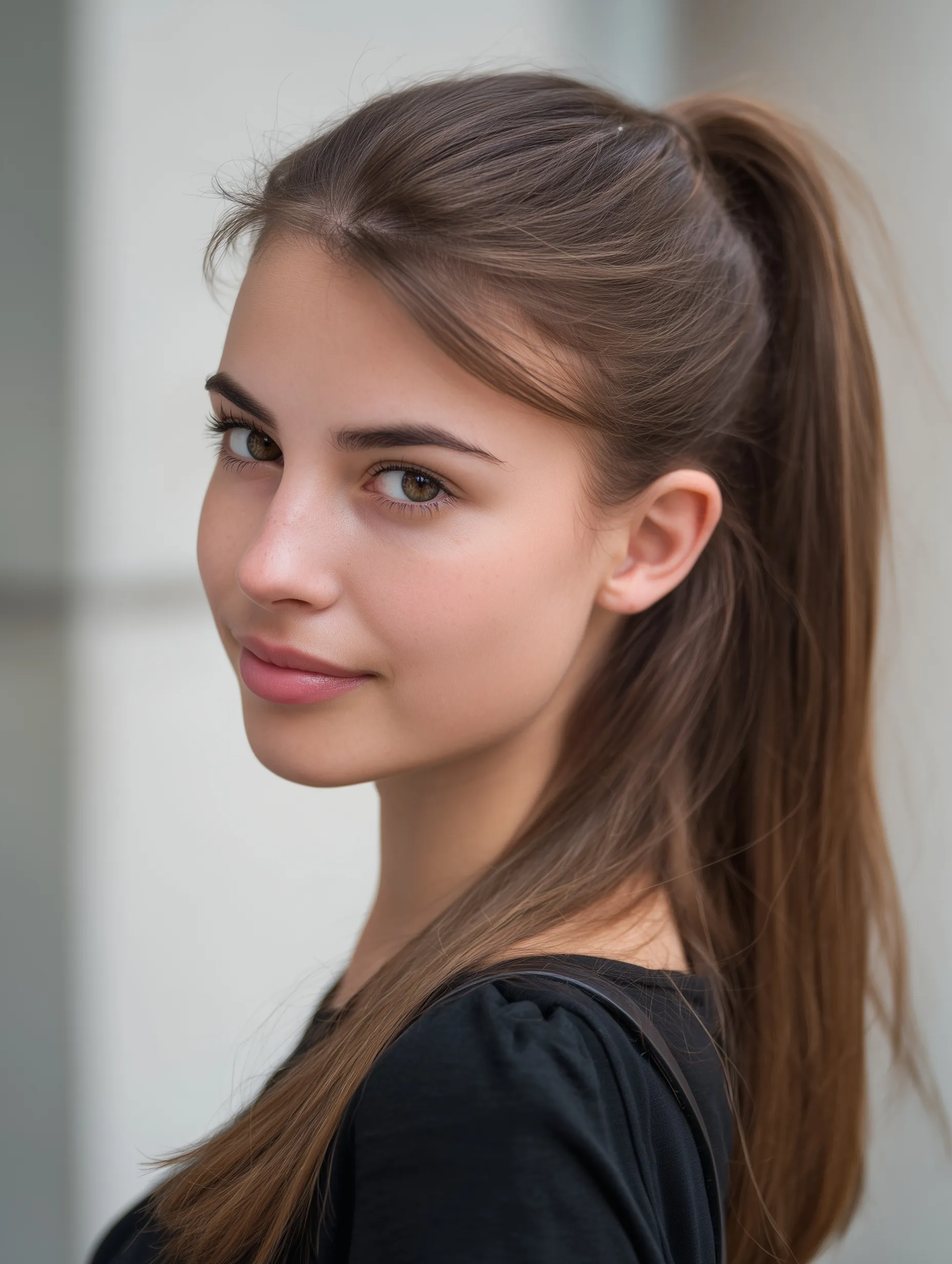 A young female university student with a long, simple high ponytail, smiling confidently in a natural portrait.