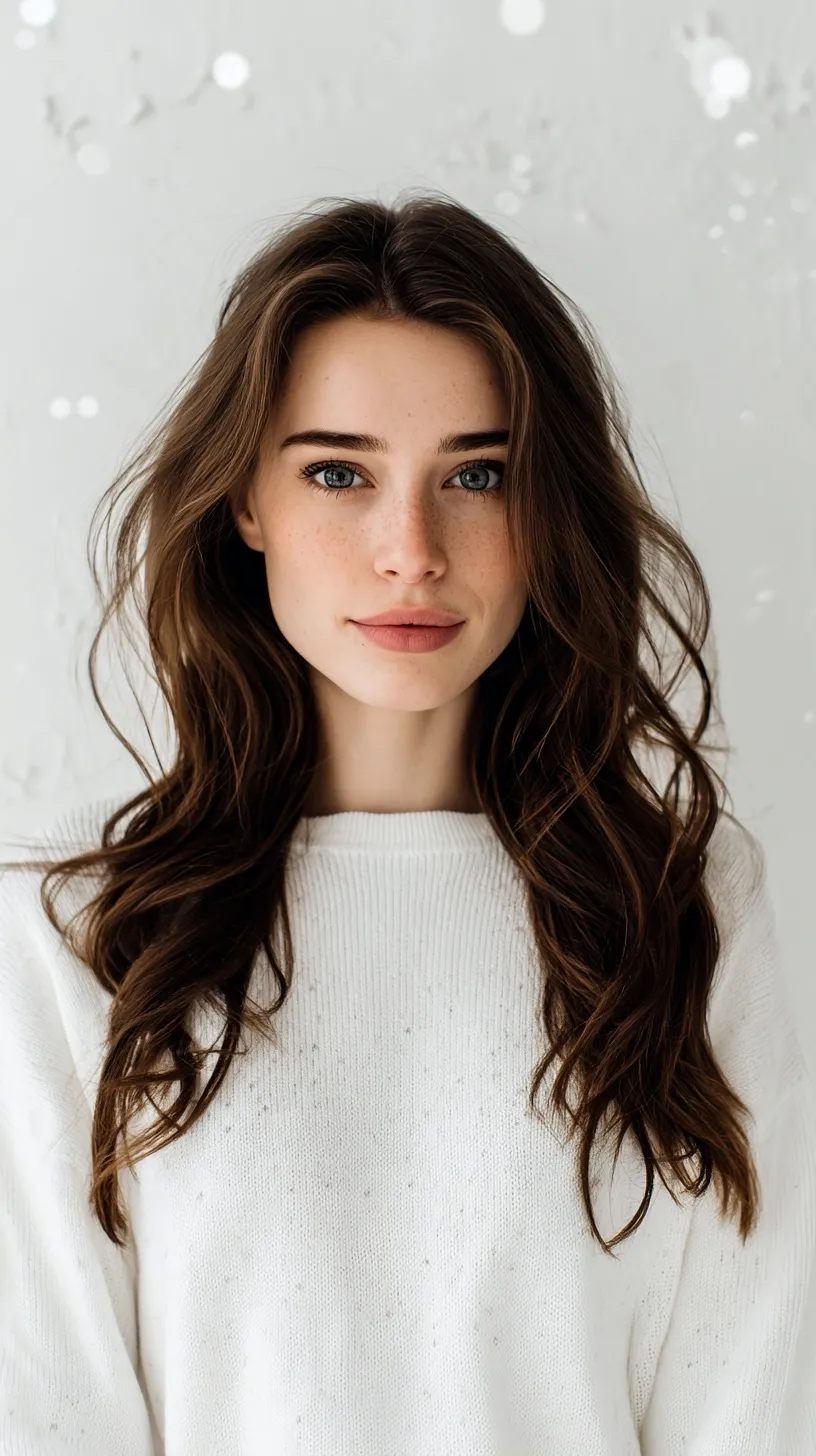 A brunette woman with a simple, modern college hairstyle centered against a clean, textured white background.