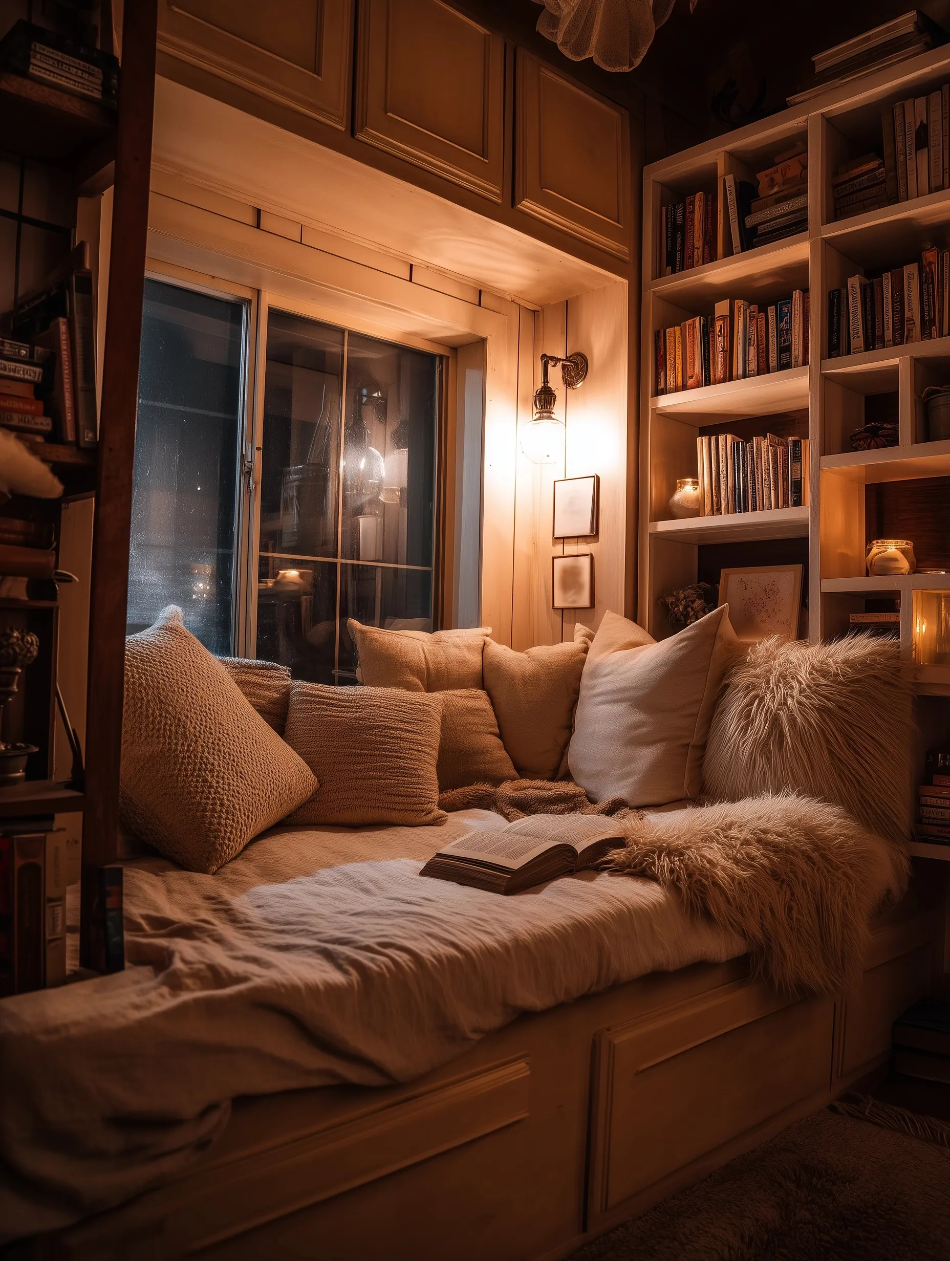 Cozy cottagecore reading nook with a built-in daybed, plush pillows, and warm ambient lighting at night.