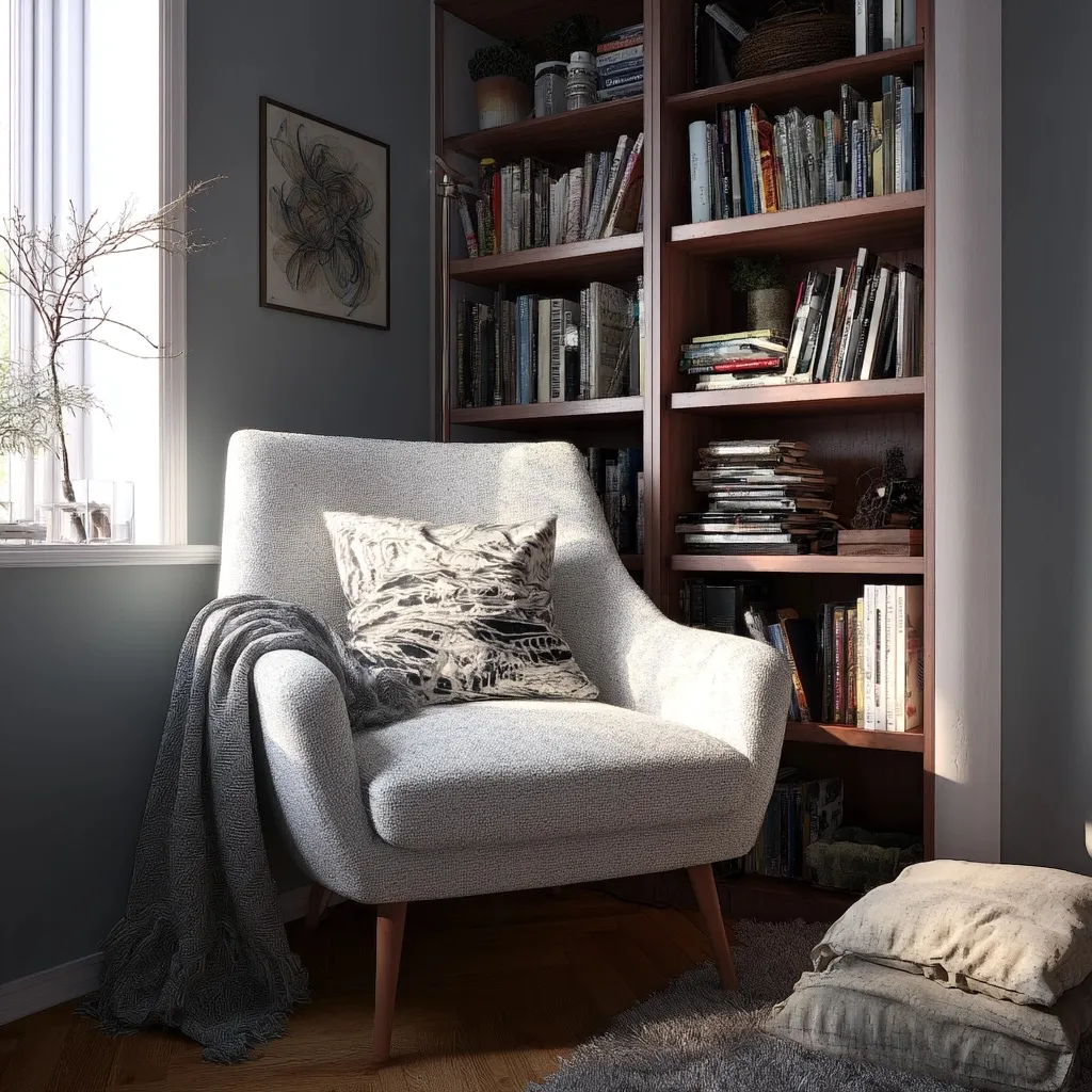 A cozy Scandinavian reading nook with a soft armchair, wooden bookcase, and warm textiles in a 3D rendering.