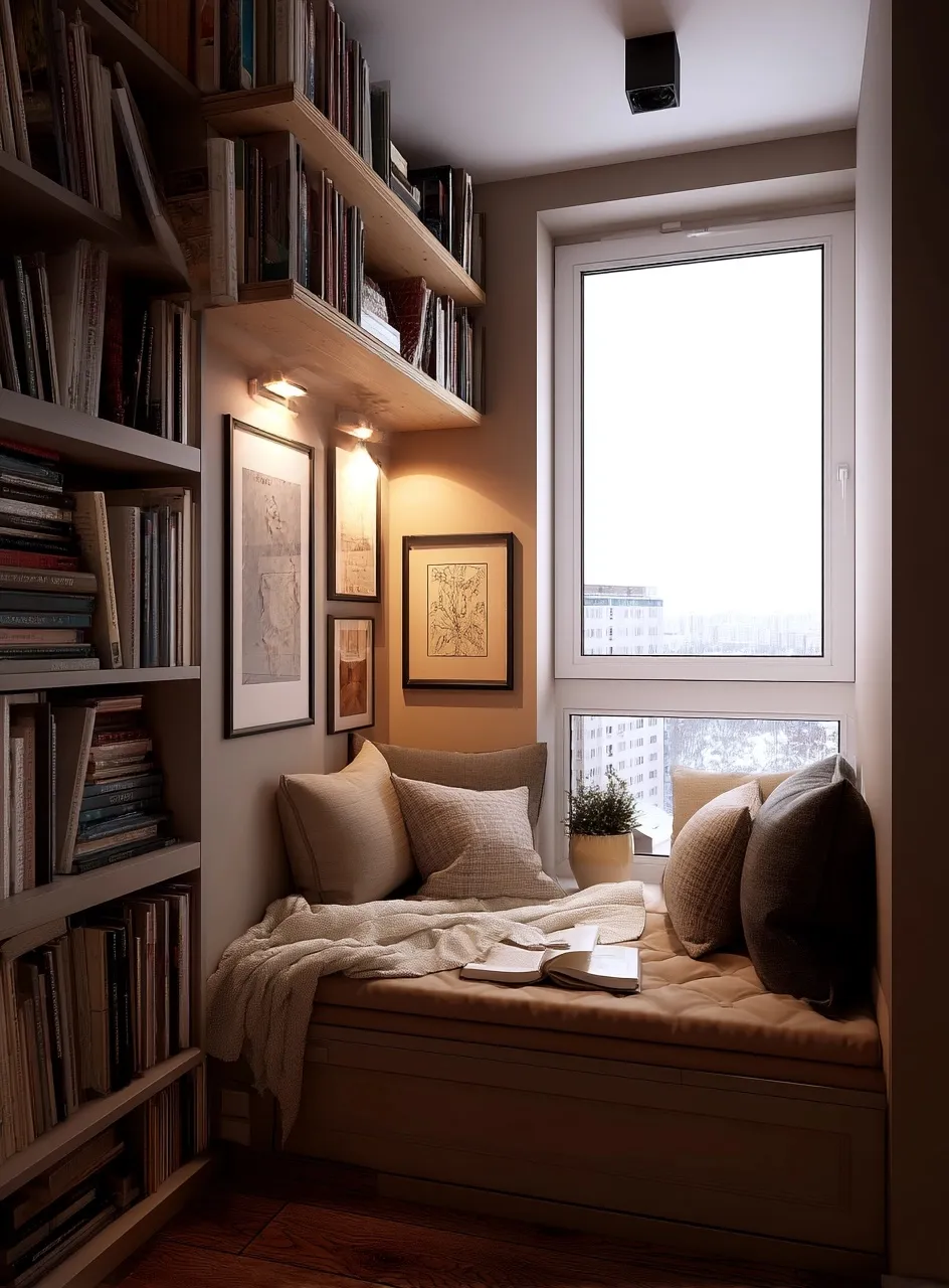 Cozy apartment reading nook with a window seat, wall bookshelves, and warm ambient evening lighting.