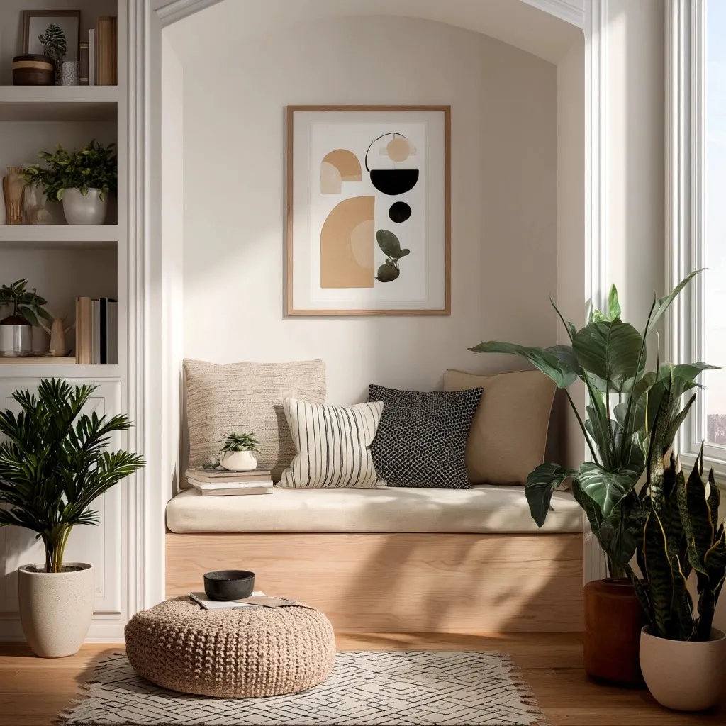 A minimalist nordic reading nook with light wood, white walls, abstract art, and indoor plants.