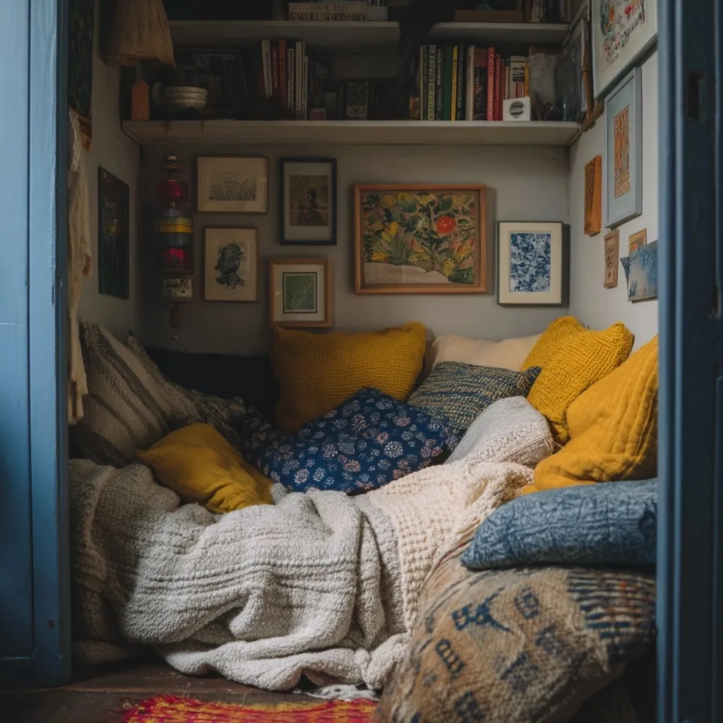 A cozy reading nook hidden inside a cupboard filled with soft cushions, blankets, and blue and yellow wall art.