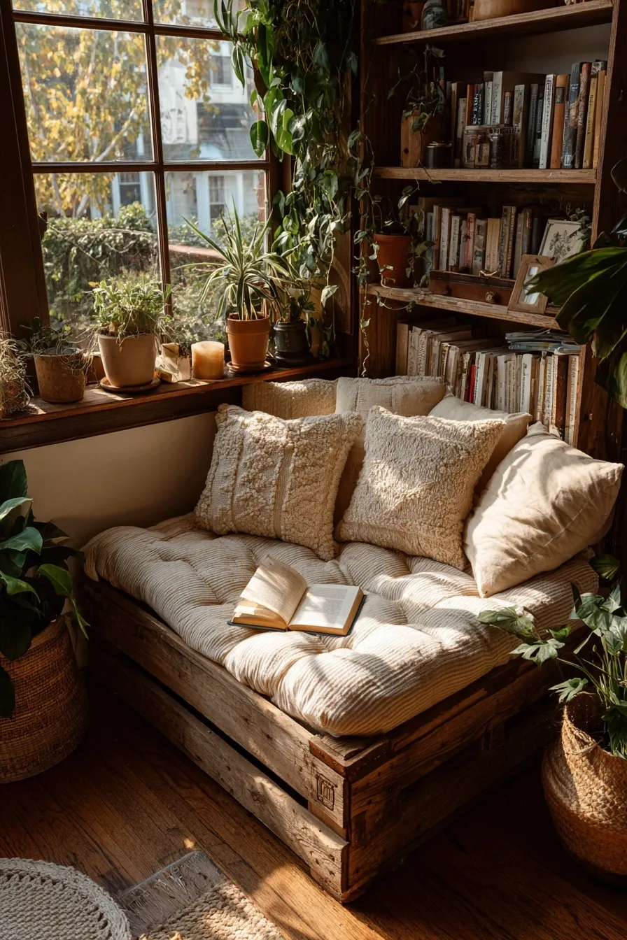 Cozy dorm reading nook featuring sustainable recycled crate seating, organic pillows, and soft, relaxing mood lighting.