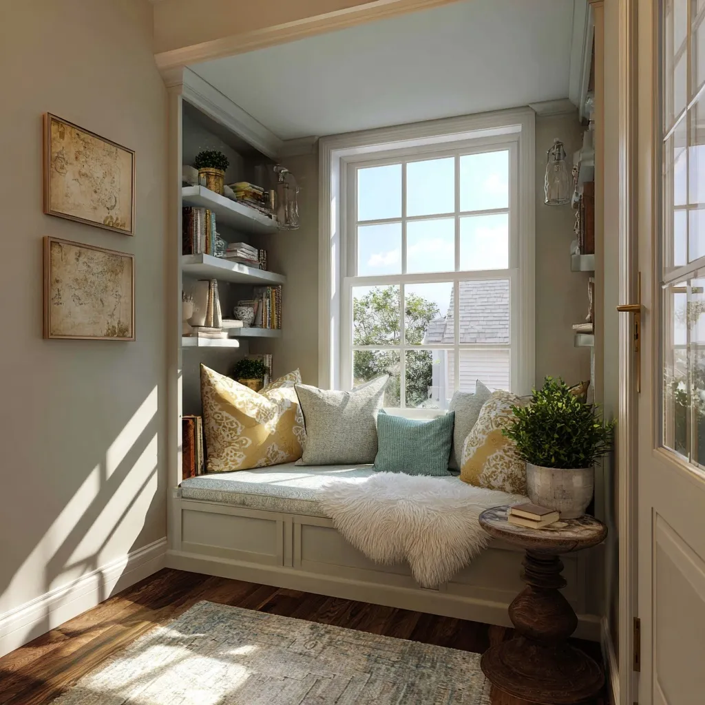 A cozy reading nook in a bedroom with a comfortable armchair, soft lighting, and shelves of books.