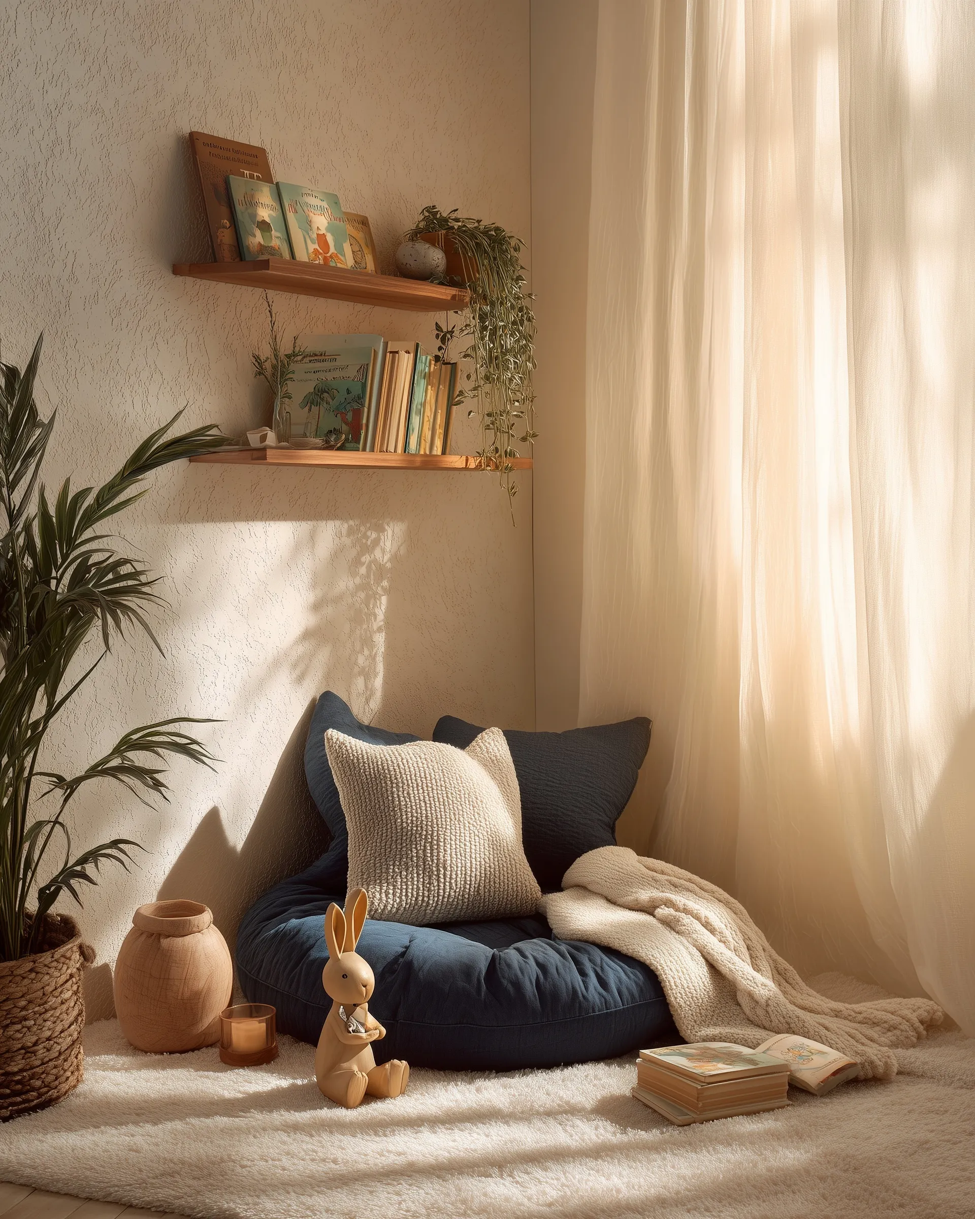 A cozy reading nook with a blue floor cushion, storybooks, and a wooden shelf by a sunlit window.