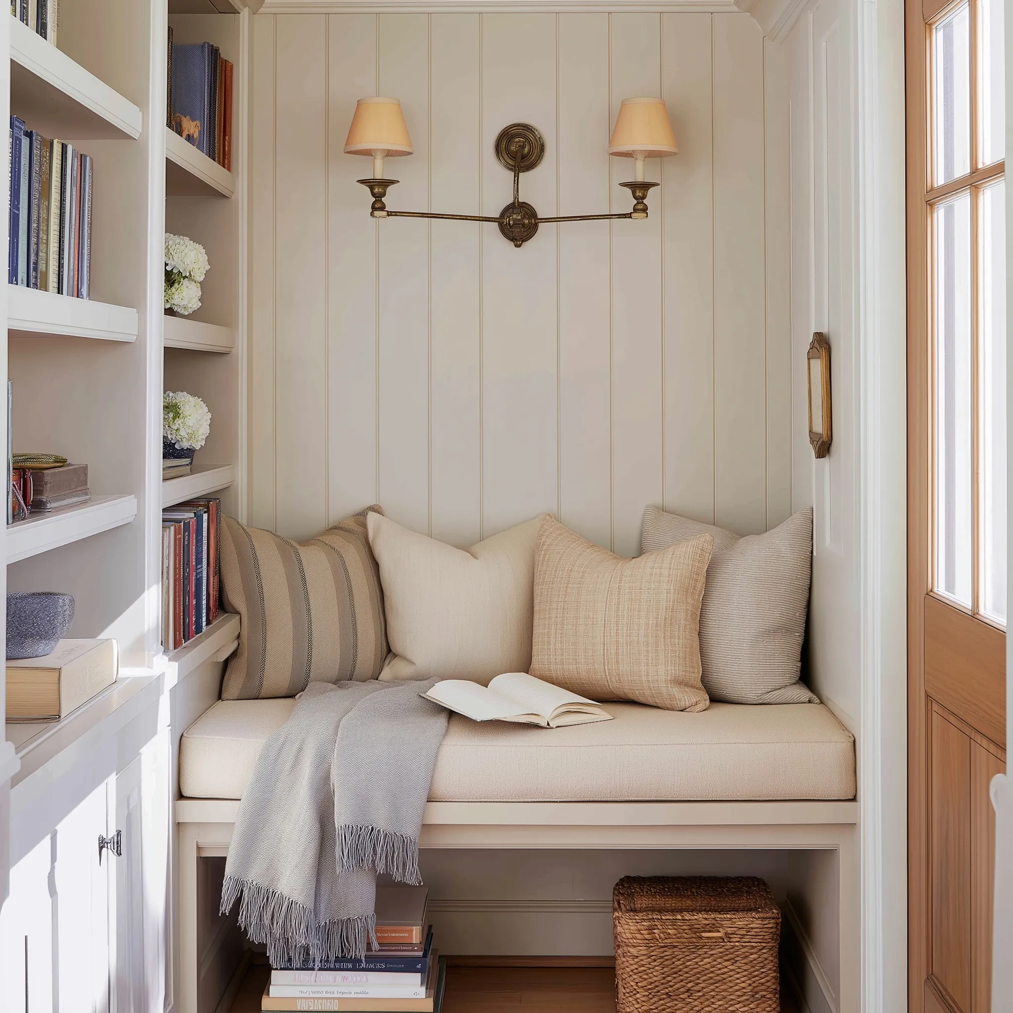 Cozy cottage reading nook with built-in bench, linen cushions, and vintage books in a warm mushroom-toned room.