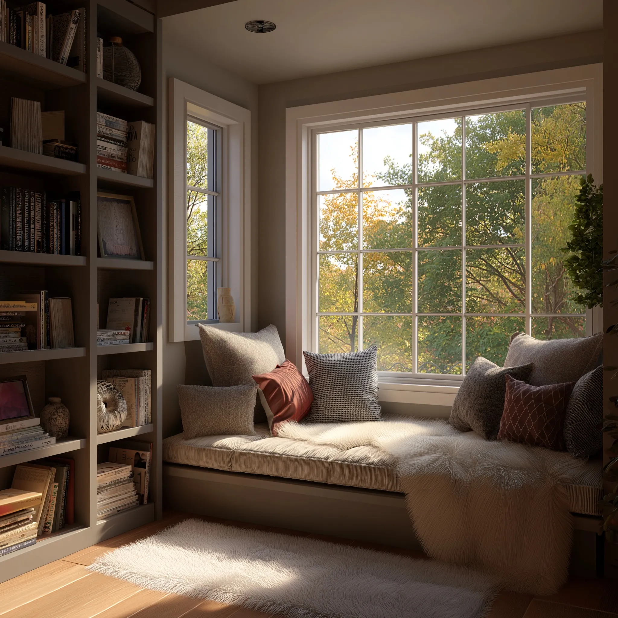 Cozy reading nook featuring a comfortable couch with plush pillows, soft warm lighting, and a large picture window.