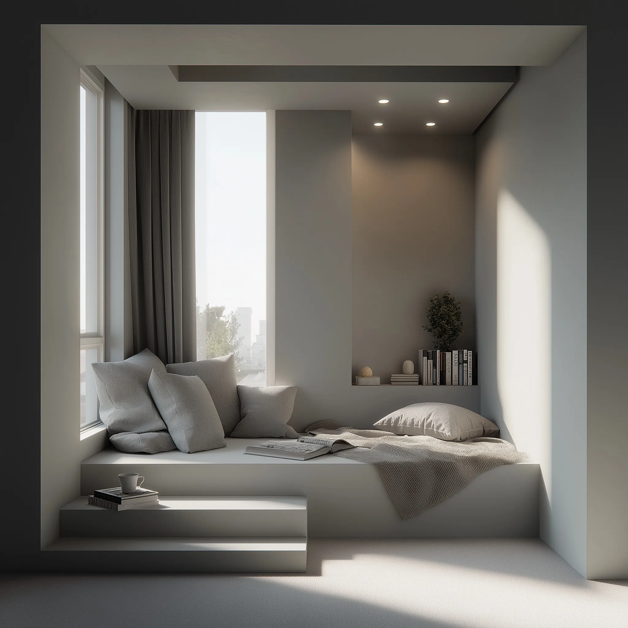 A cozy minimalist reading corner with a vertical window, natural light, and soft shadows in a white and gray room.