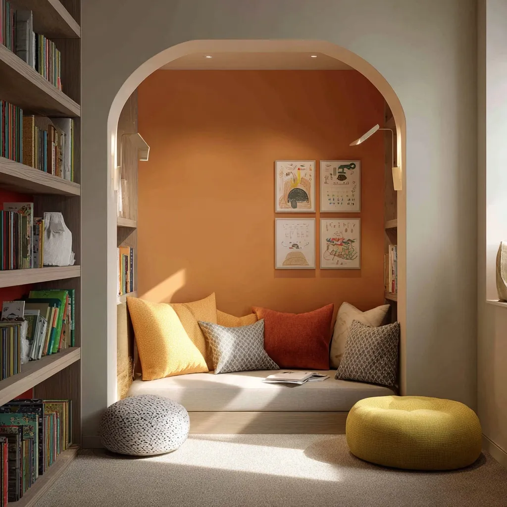A cozy children’s reading nook with bookshelves, pastel orange wall, and plush pillows in a modern interior.