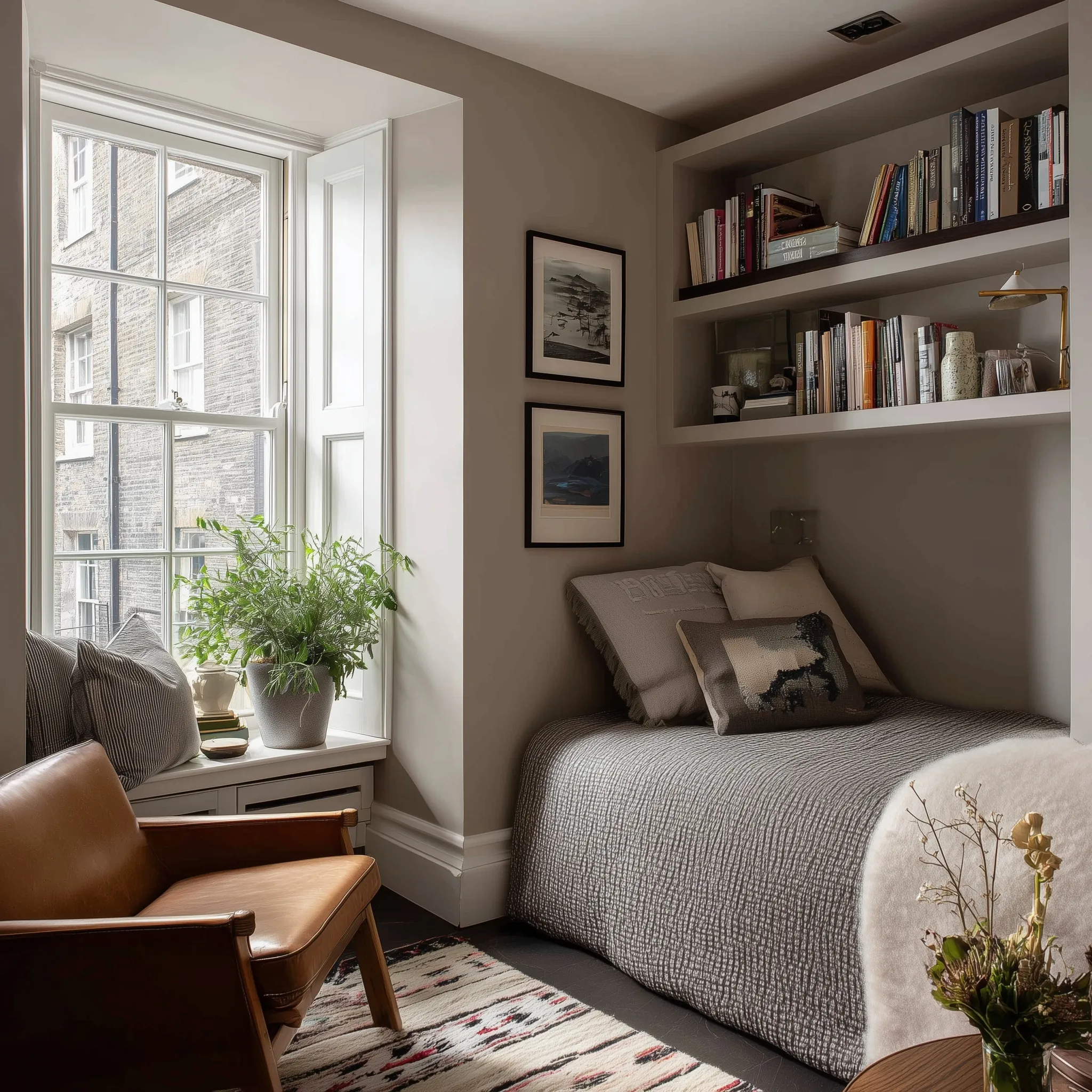 A cozy midcentury modern reading corner in a tiny bedroom with custom shelving and natural window light.